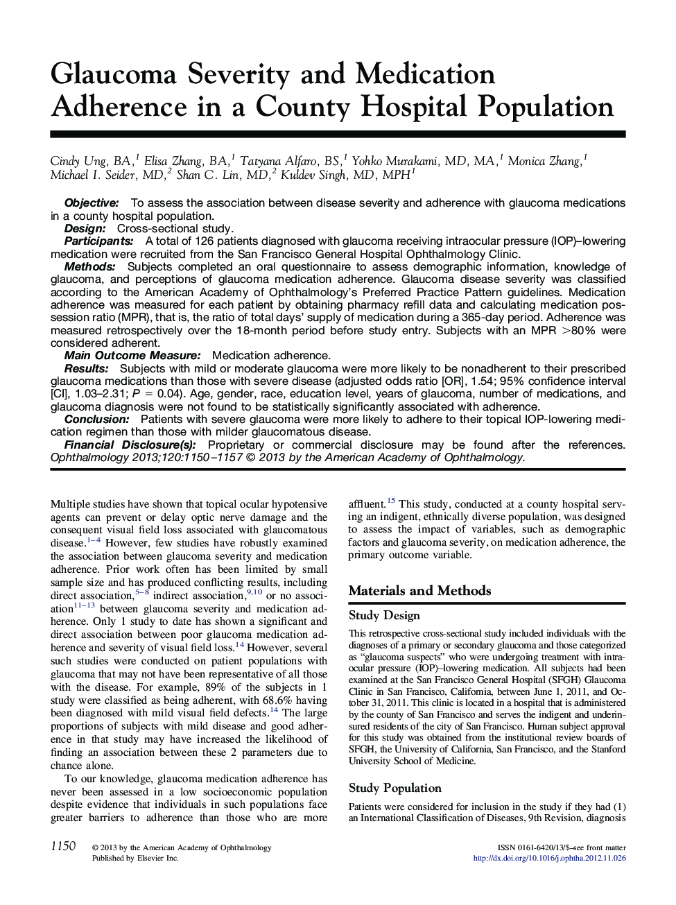 Glaucoma Severity and Medication Adherence in a County Hospital Population