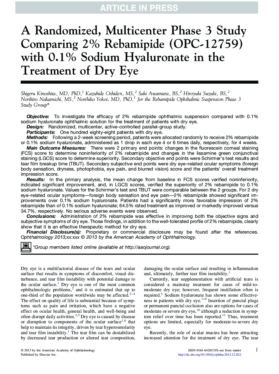 A Randomized, Multicenter Phase 3 Study Comparing 2% Rebamipide (OPC-12759) with 0.1% Sodium Hyaluronate in the Treatment of Dry Eye