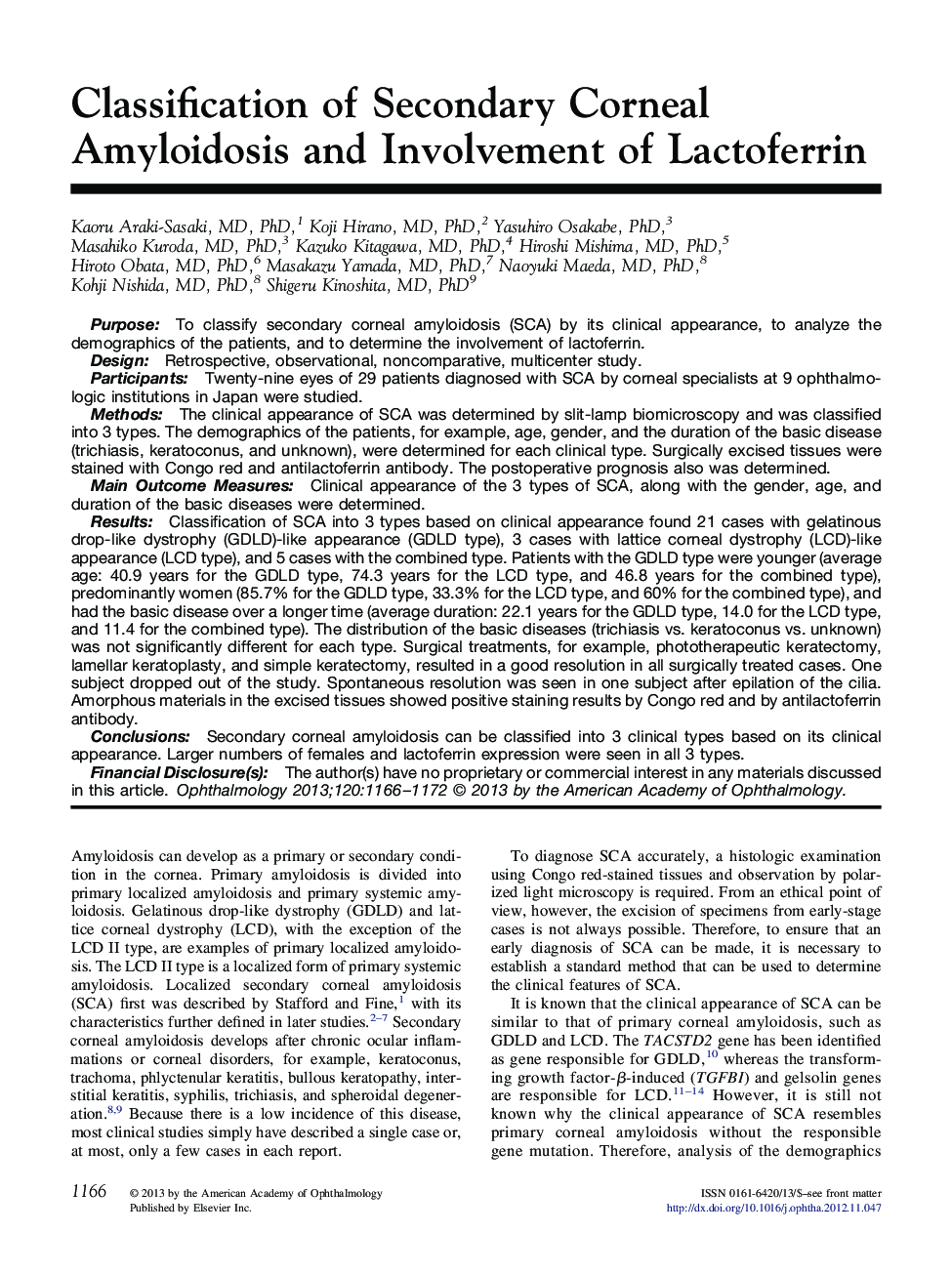 Classification of Secondary Corneal Amyloidosis and Involvement of Lactoferrin