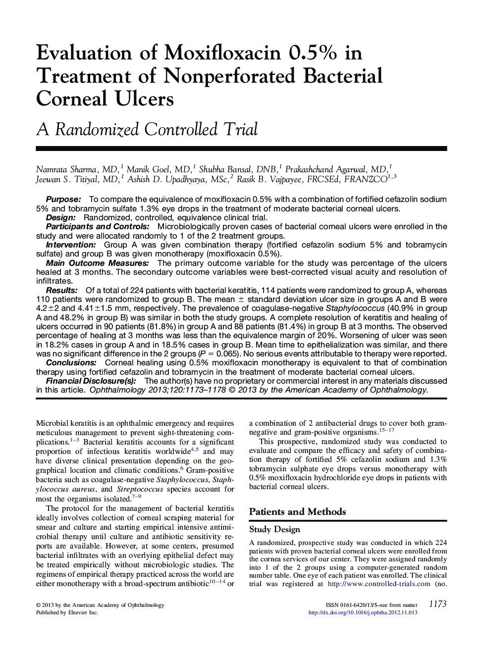 Evaluation of Moxifloxacin 0.5% in Treatment of Nonperforated Bacterial Corneal Ulcers
