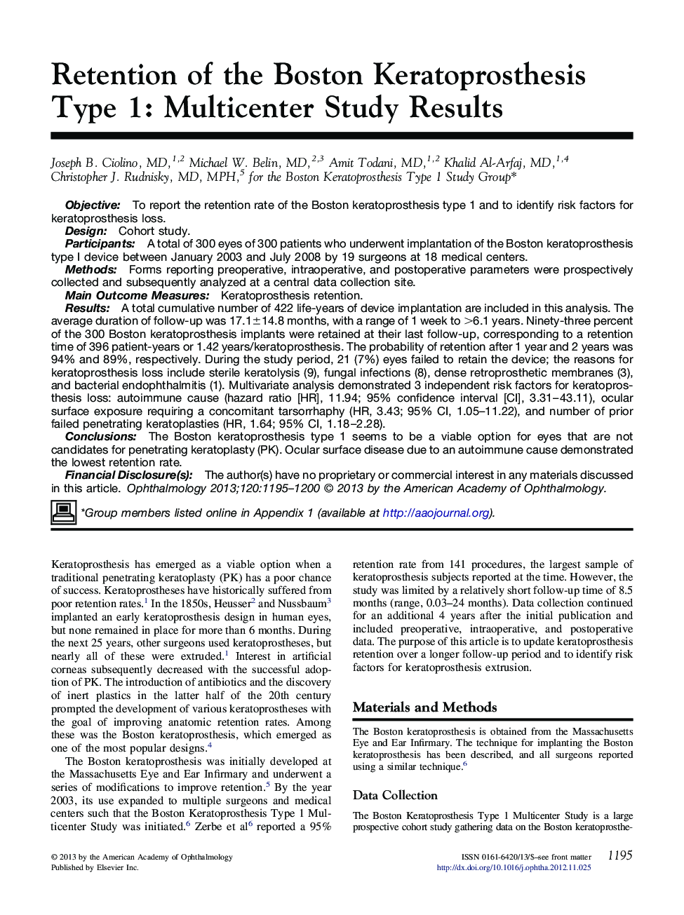 Retention of the Boston Keratoprosthesis Type 1: Multicenter Study Results