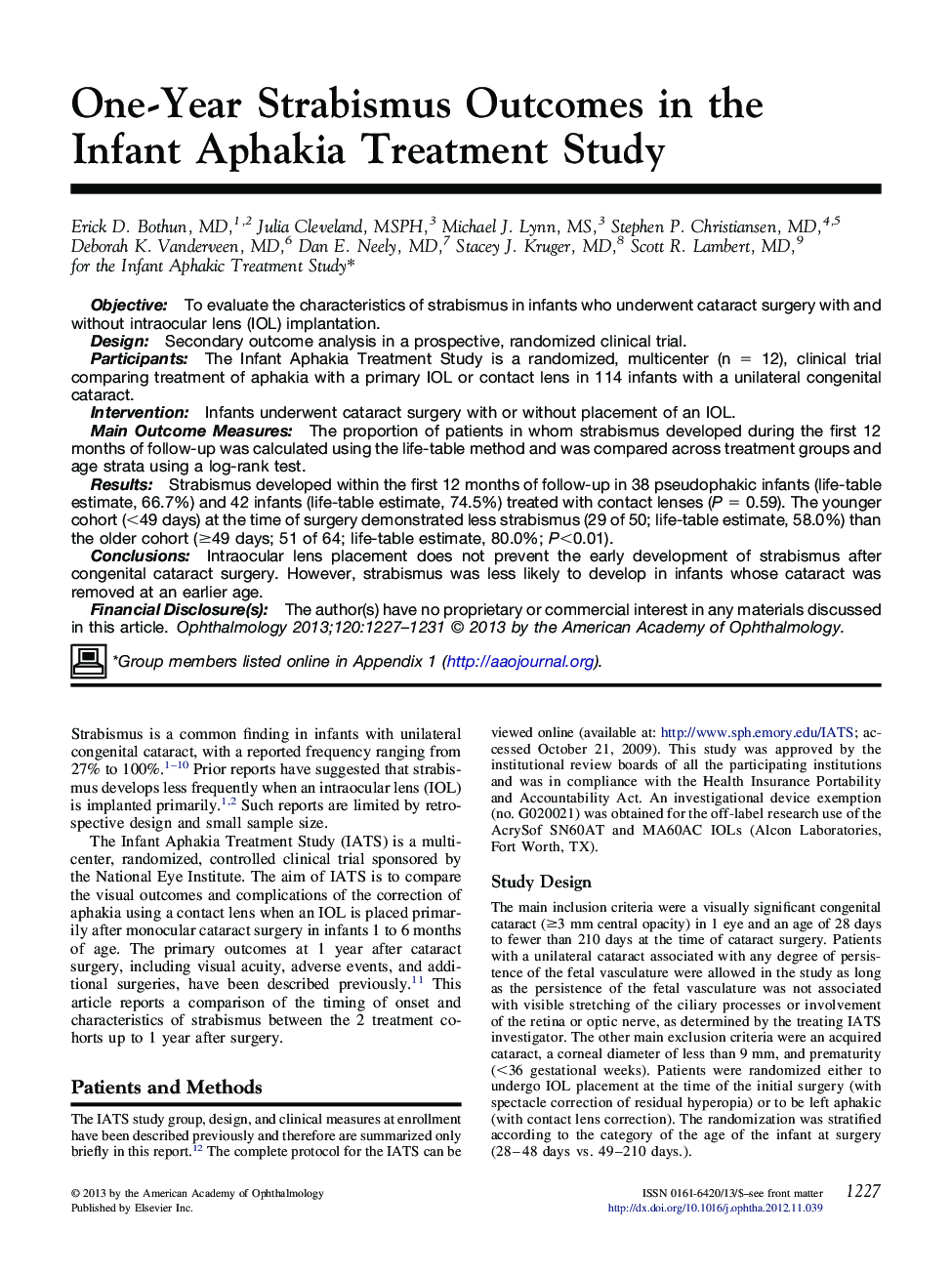 One-Year Strabismus Outcomes in the Infant Aphakia Treatment Study 