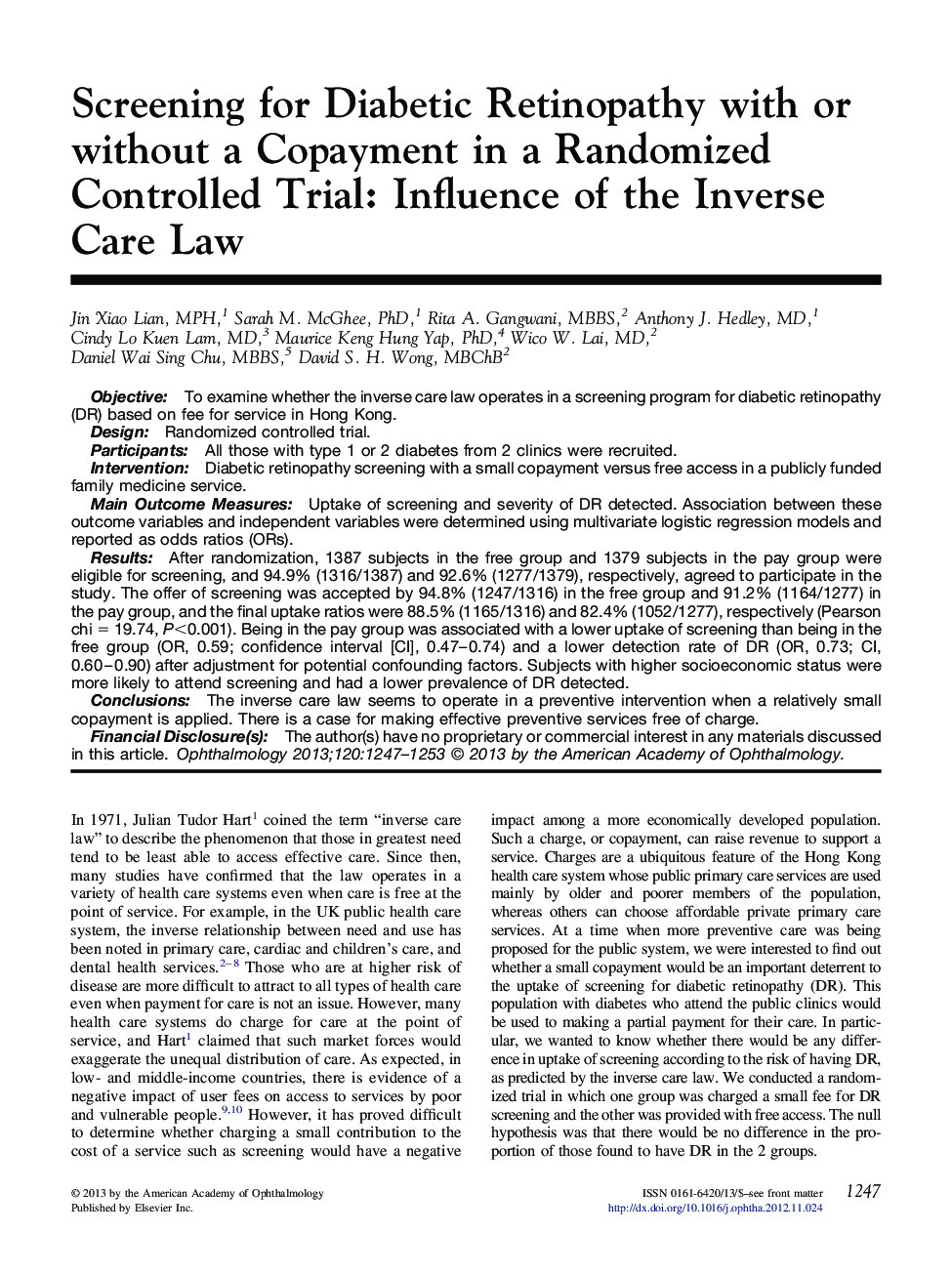 Screening for Diabetic Retinopathy with or without a Copayment in a Randomized Controlled Trial: Influence of the Inverse Care Law