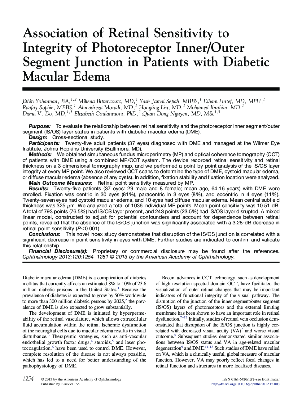 Association of Retinal Sensitivity to Integrity of Photoreceptor Inner/Outer Segment Junction in Patients with Diabetic Macular Edema