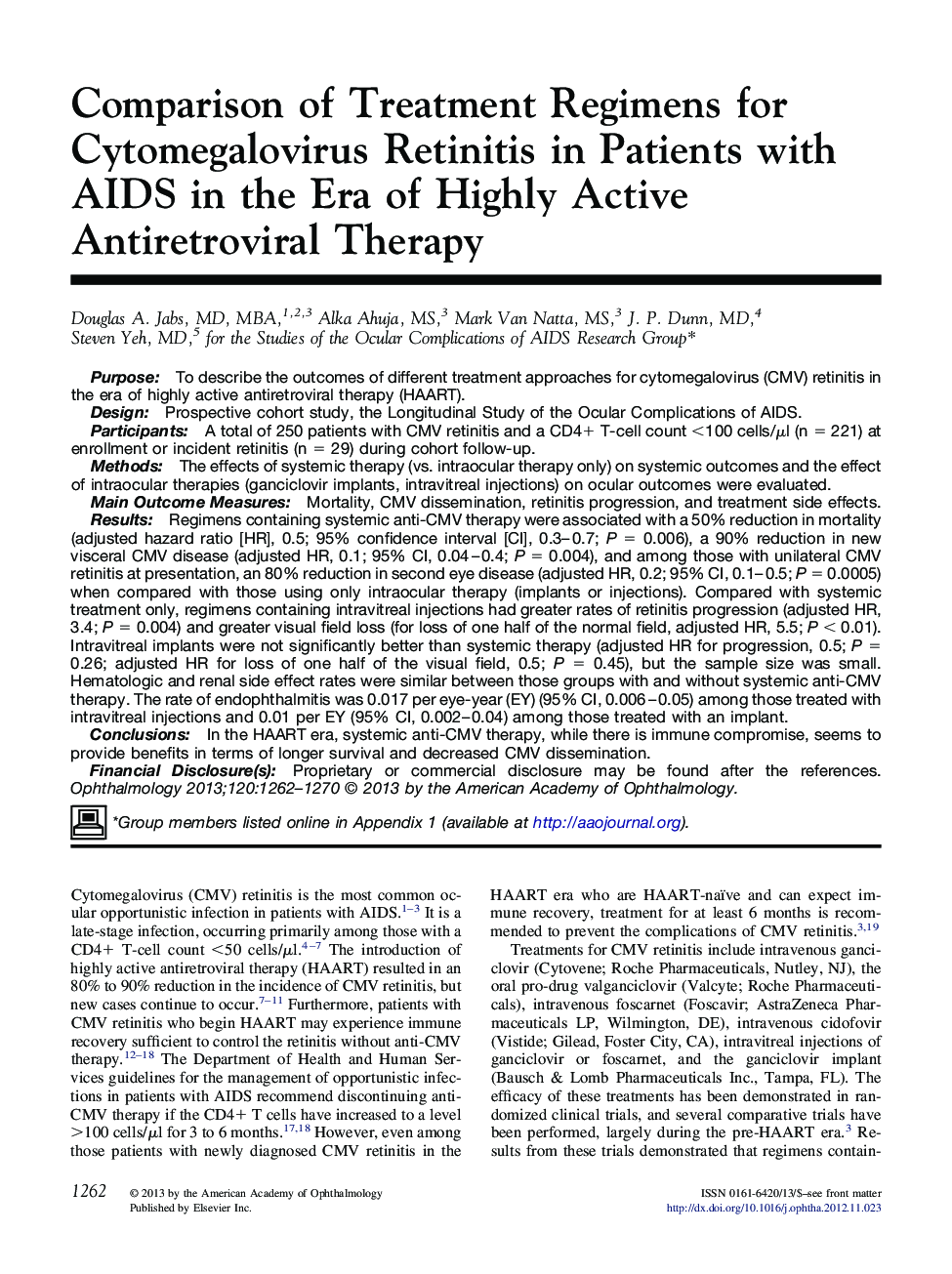 Comparison of Treatment Regimens for Cytomegalovirus Retinitis in Patients with AIDS in the Era of Highly Active Antiretroviral Therapy