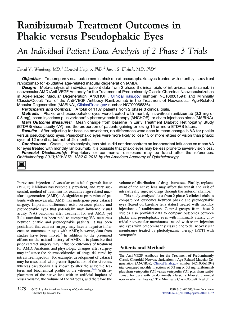 Ranibizumab Treatment Outcomes in Phakic versus Pseudophakic Eyes : An Individual Patient Data Analysis of 2 Phase 3 Trials