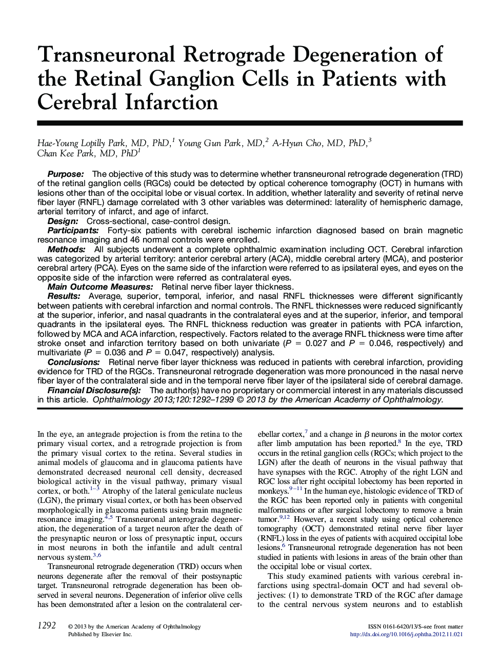 Transneuronal Retrograde Degeneration of the Retinal Ganglion Cells in Patients with Cerebral Infarction 
