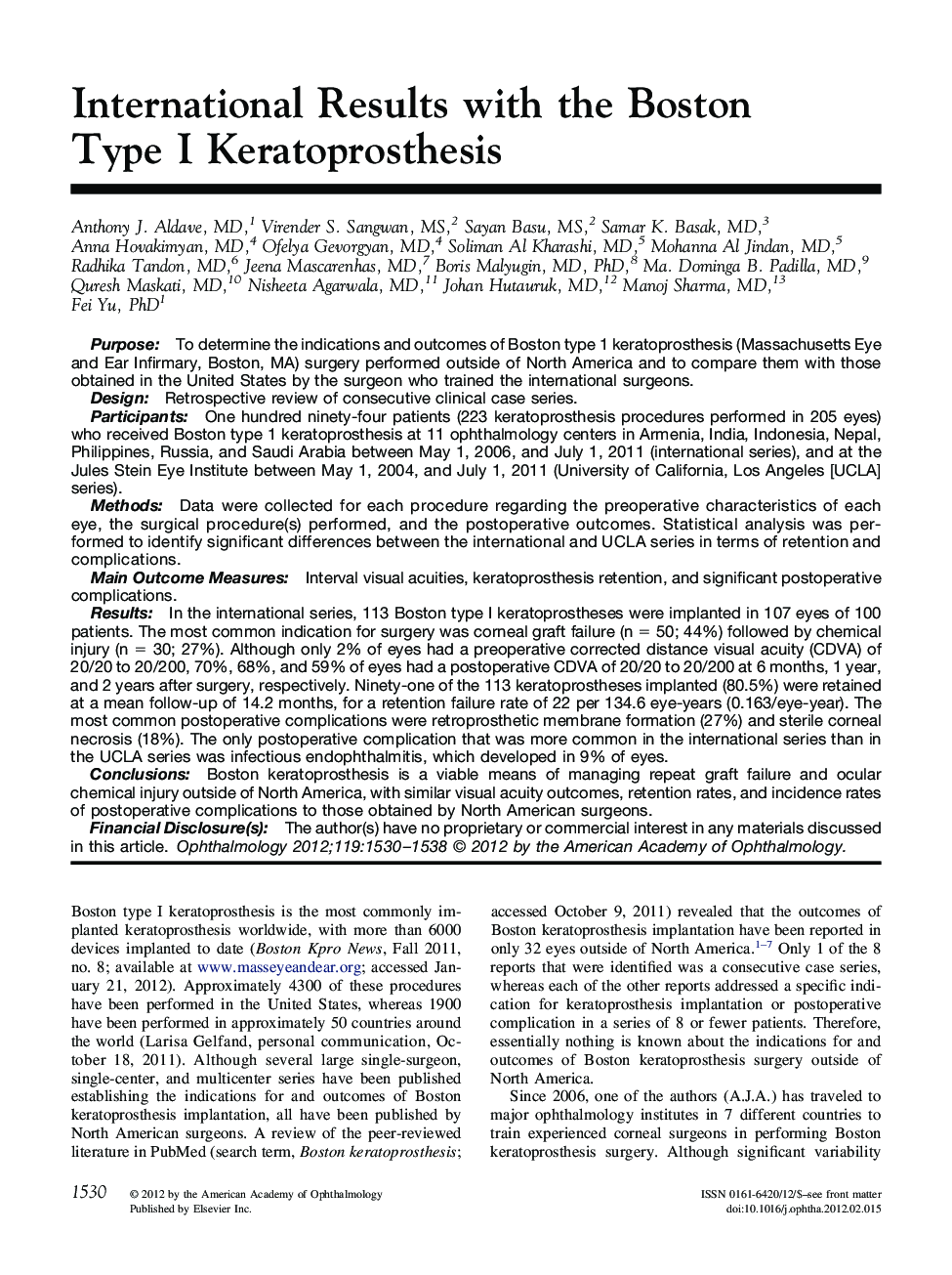 International Results with the Boston Type I Keratoprosthesis