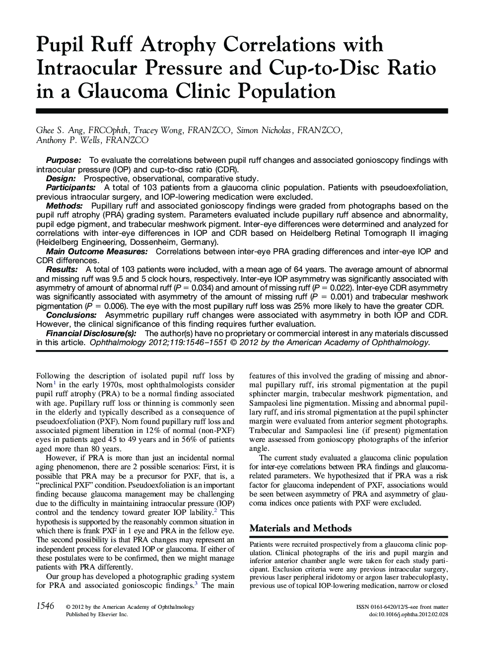 Pupil Ruff Atrophy Correlations with Intraocular Pressure and Cup-to-Disc Ratio in a Glaucoma Clinic Population