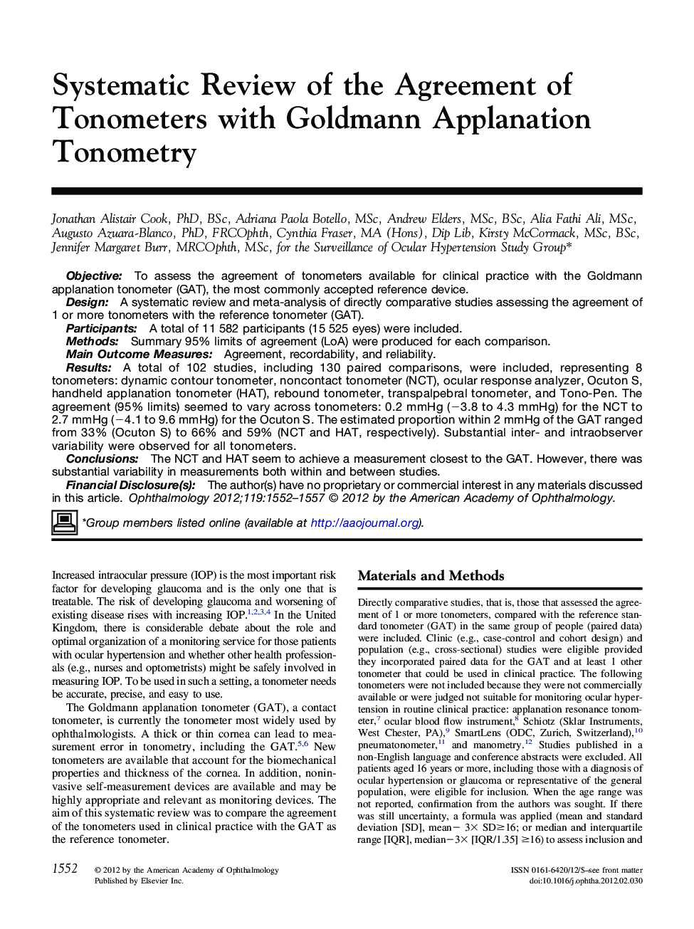 Systematic Review of the Agreement of Tonometers with Goldmann Applanation Tonometry