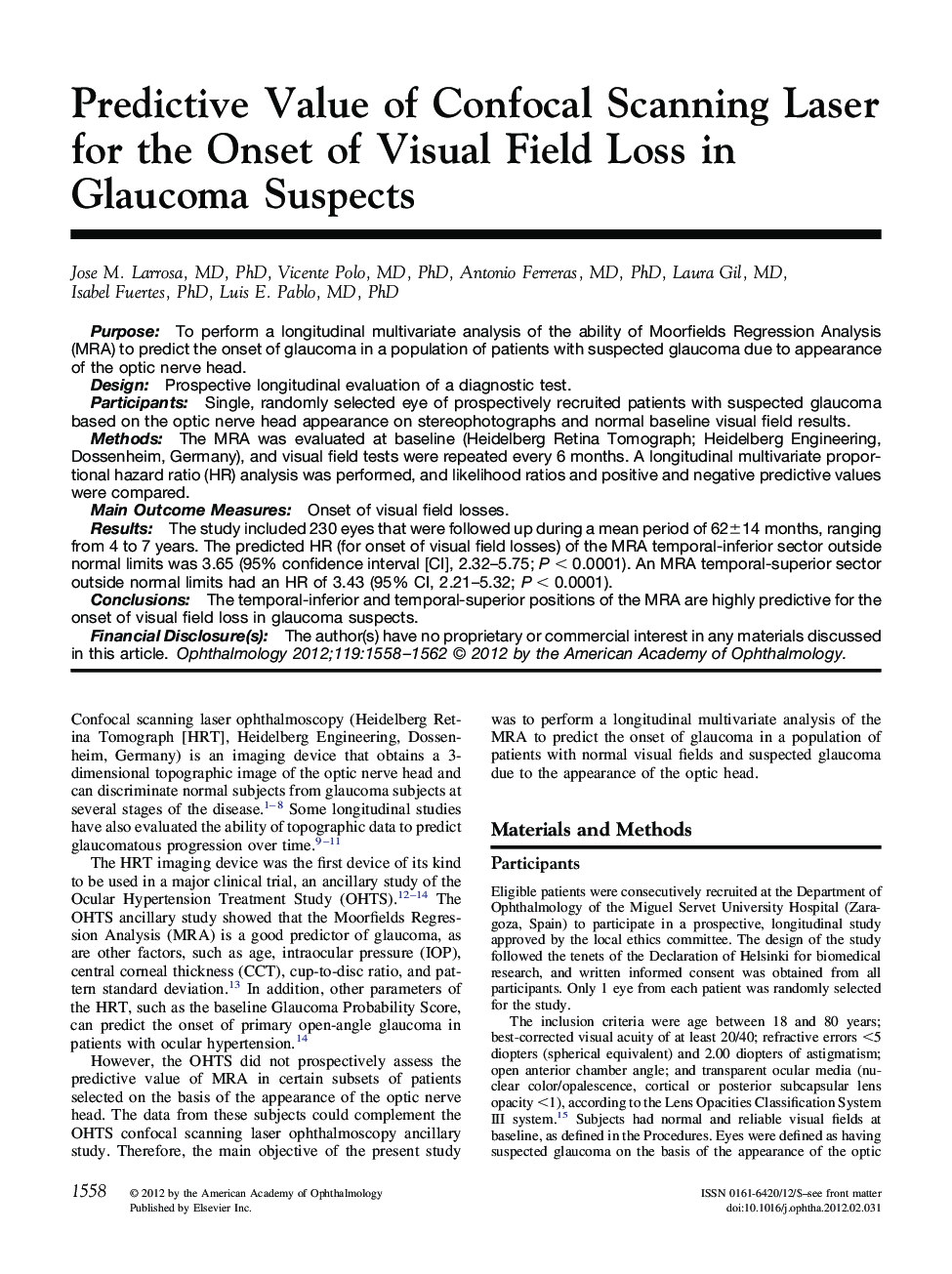 Predictive Value of Confocal Scanning Laser for the Onset of Visual Field Loss in Glaucoma Suspects 