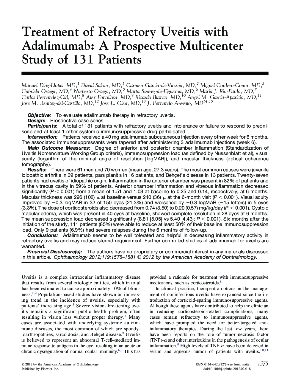 Treatment of Refractory Uveitis with Adalimumab: A Prospective Multicenter Study of 131 Patients