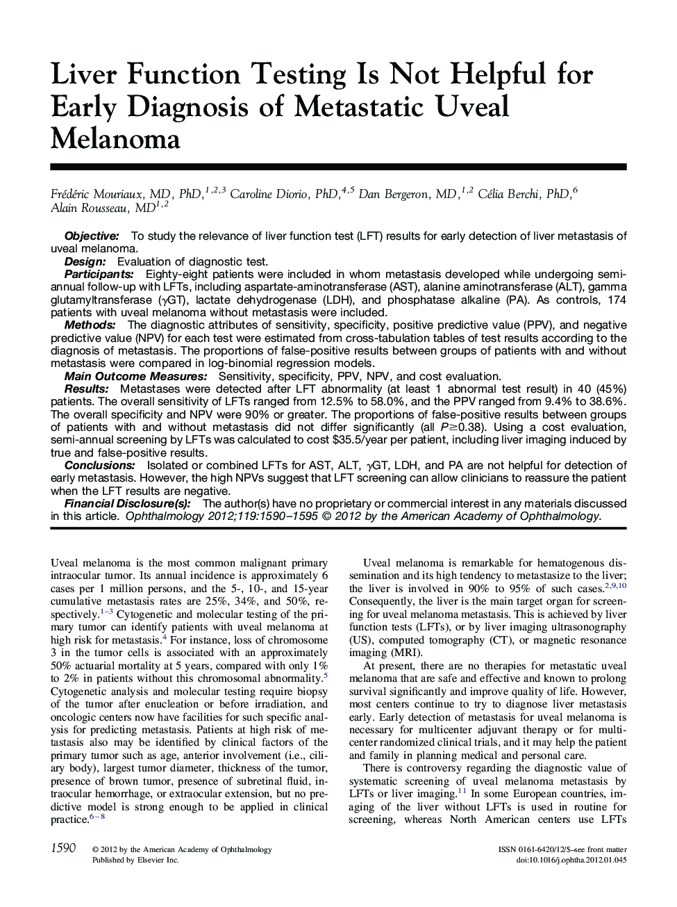 Liver Function Testing Is Not Helpful for Early Diagnosis of Metastatic Uveal Melanoma 