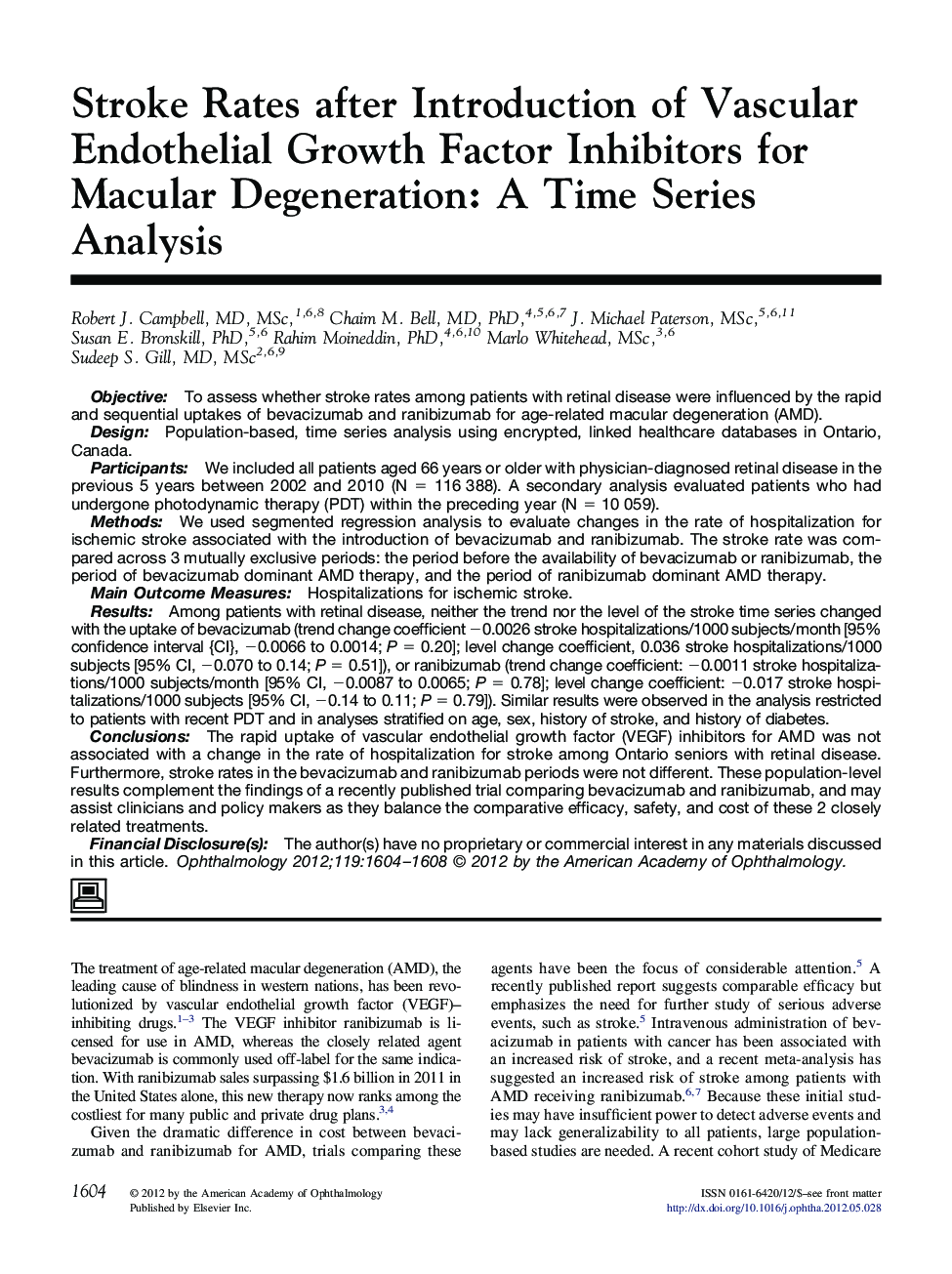 Stroke Rates after Introduction of Vascular Endothelial Growth Factor Inhibitors for Macular Degeneration: A Time Series Analysis