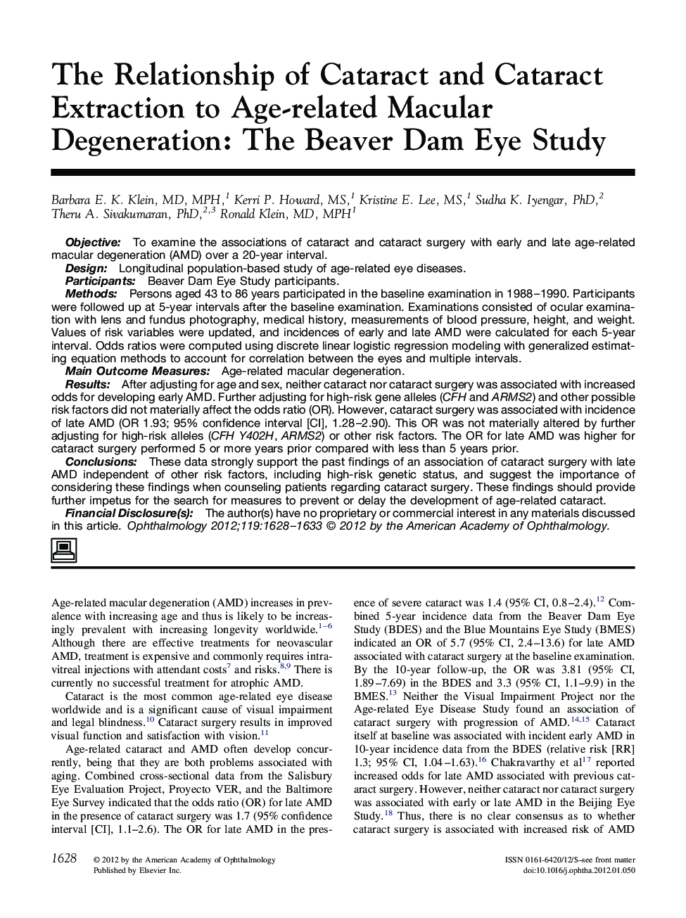 The Relationship of Cataract and Cataract Extraction to Age-related Macular Degeneration: The Beaver Dam Eye Study