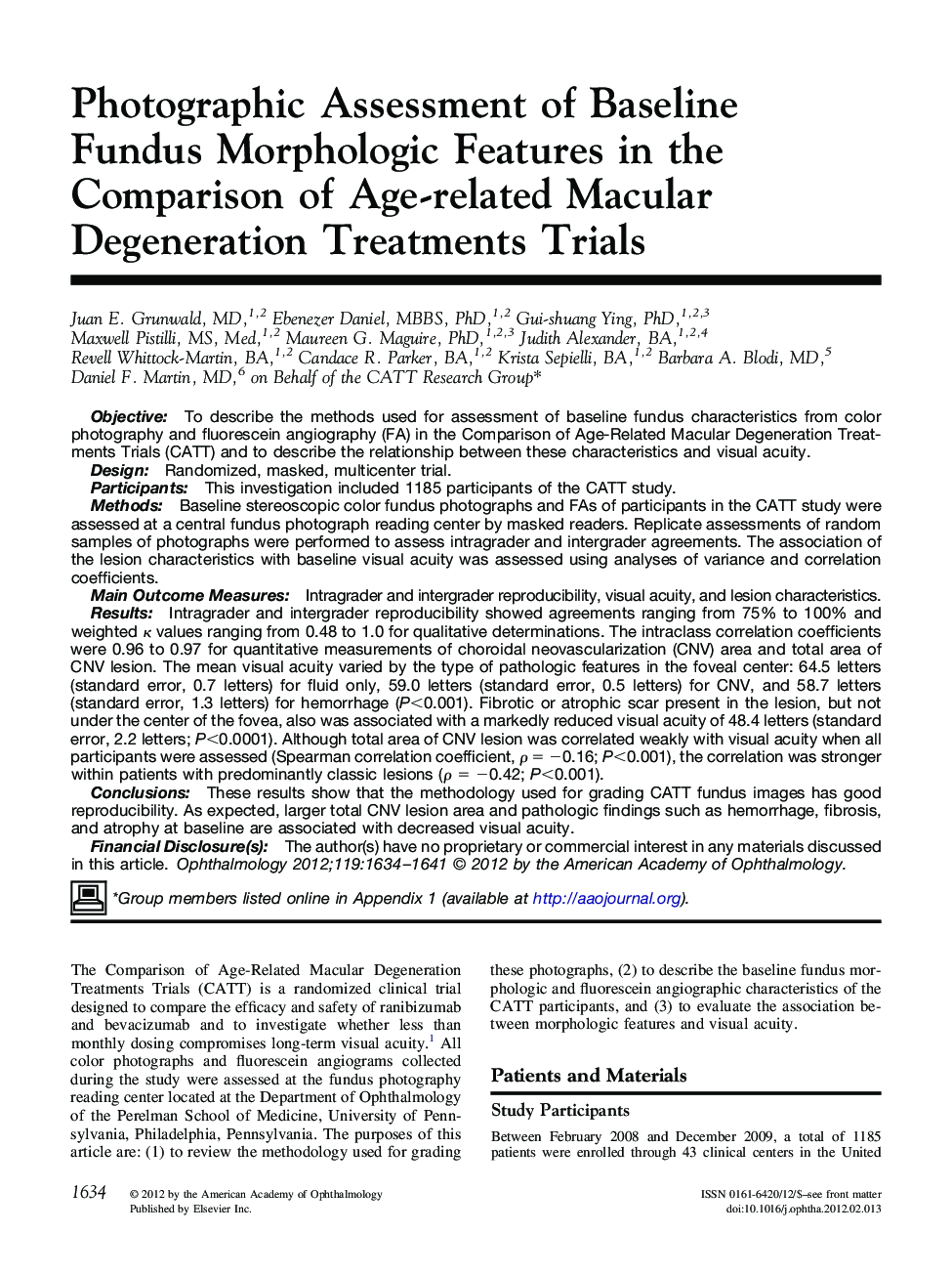 Photographic Assessment of Baseline Fundus Morphologic Features in the Comparison of Age-related Macular Degeneration Treatments Trials