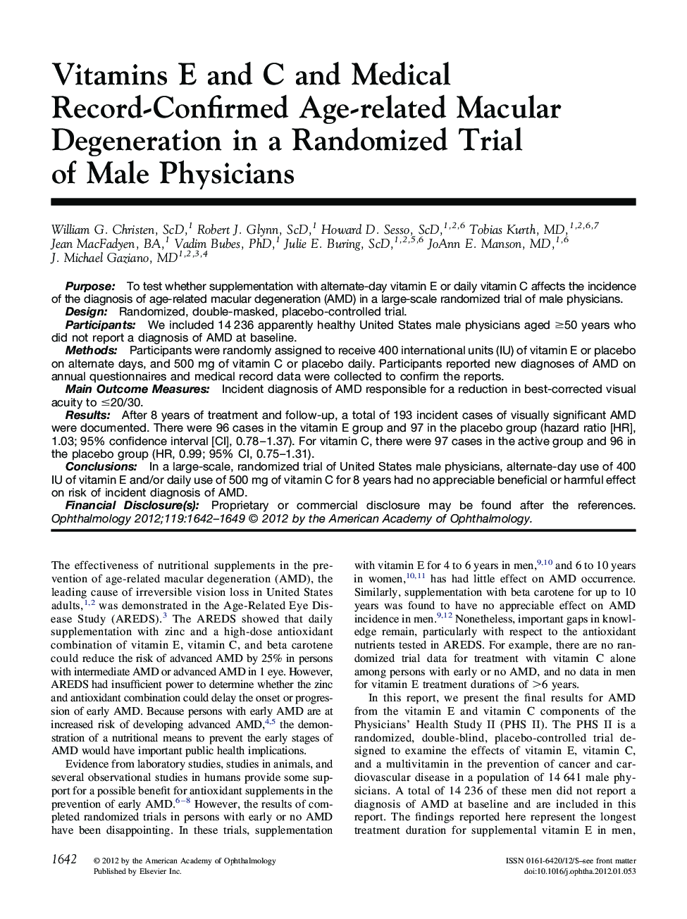 Vitamins E and C and Medical Record-Confirmed Age-related Macular Degeneration in a Randomized Trial of Male Physicians