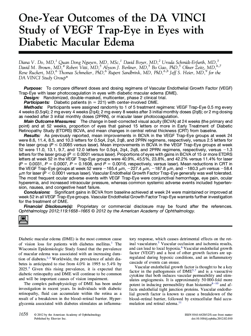 عکس صفحه اول مقاله: One-Year Outcomes of the DA VINCI Study of VEGF Trap-Eye in Eyes with Diabetic Macular Edema One-Year Outcomes of the DA VINCI Study of VEGF Trap-Eye in Eyes with Diabetic Macular Edema
