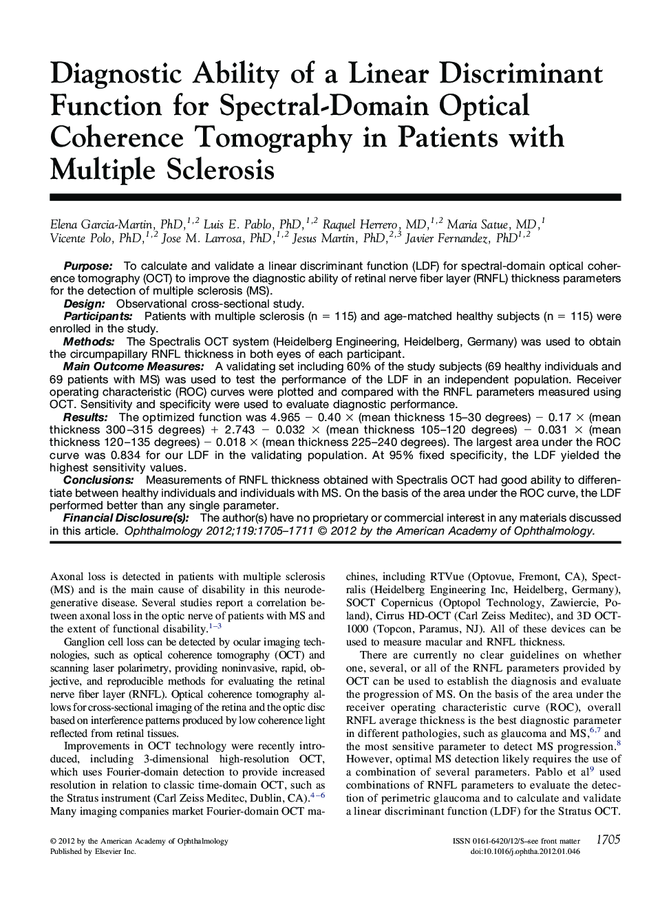 Diagnostic Ability of a Linear Discriminant Function for Spectral-Domain Optical Coherence Tomography in Patients with Multiple Sclerosis
