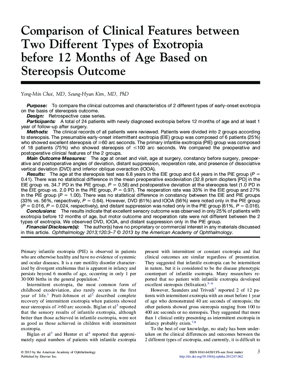 Comparison of Clinical Features between Two Different Types of Exotropia before 12 Months of Age Based on Stereopsis Outcome