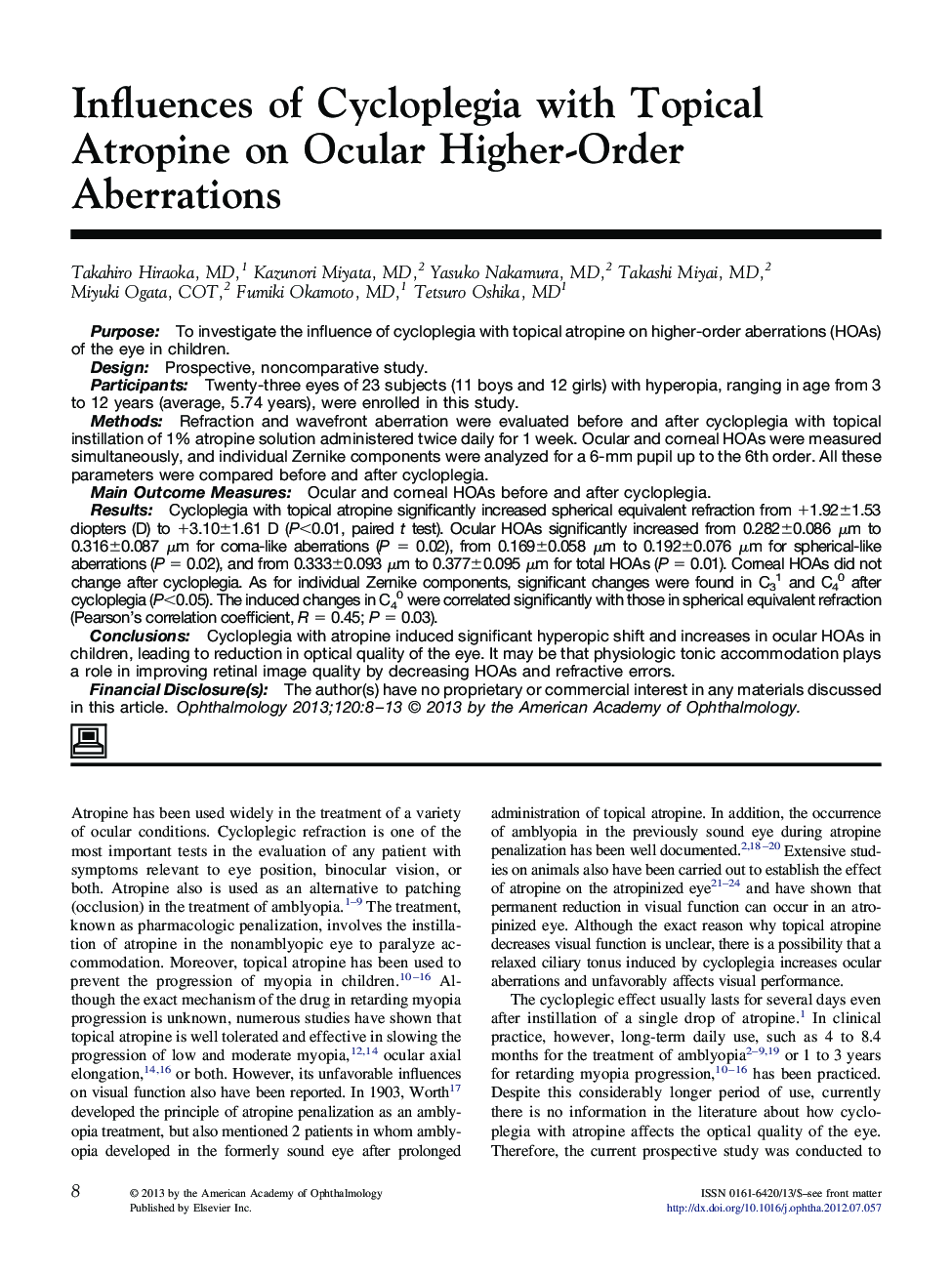 عکس صفحه اول مقاله: Influences of Cycloplegia with Topical Atropine on Ocular Higher-Order Aberrations Influences of Cycloplegia with Topical Atropine on Ocular Higher-Order Aberrations