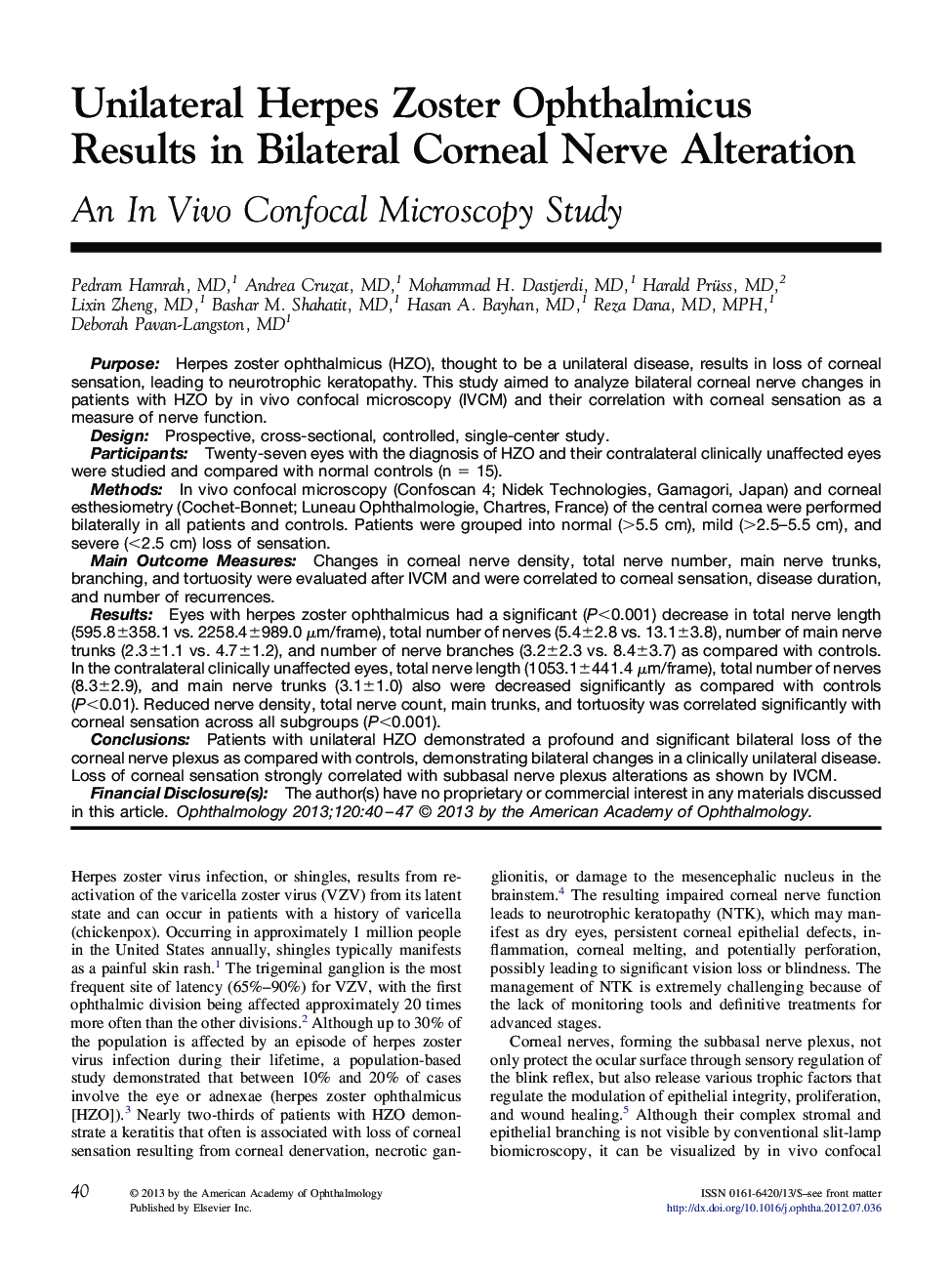Unilateral Herpes Zoster Ophthalmicus Results in Bilateral Corneal Nerve Alteration