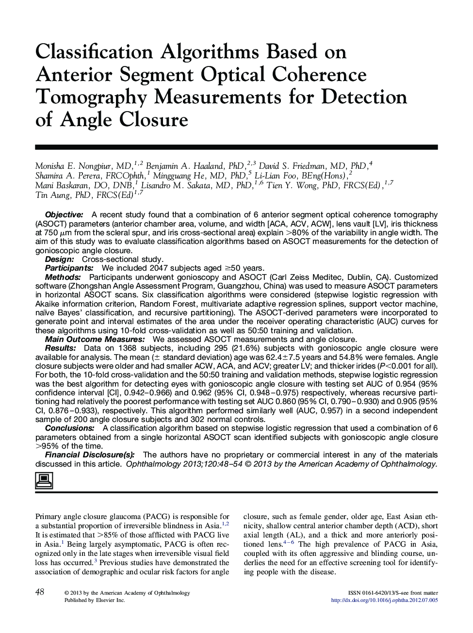 Classification Algorithms Based on Anterior Segment Optical Coherence Tomography Measurements for Detection of Angle Closure