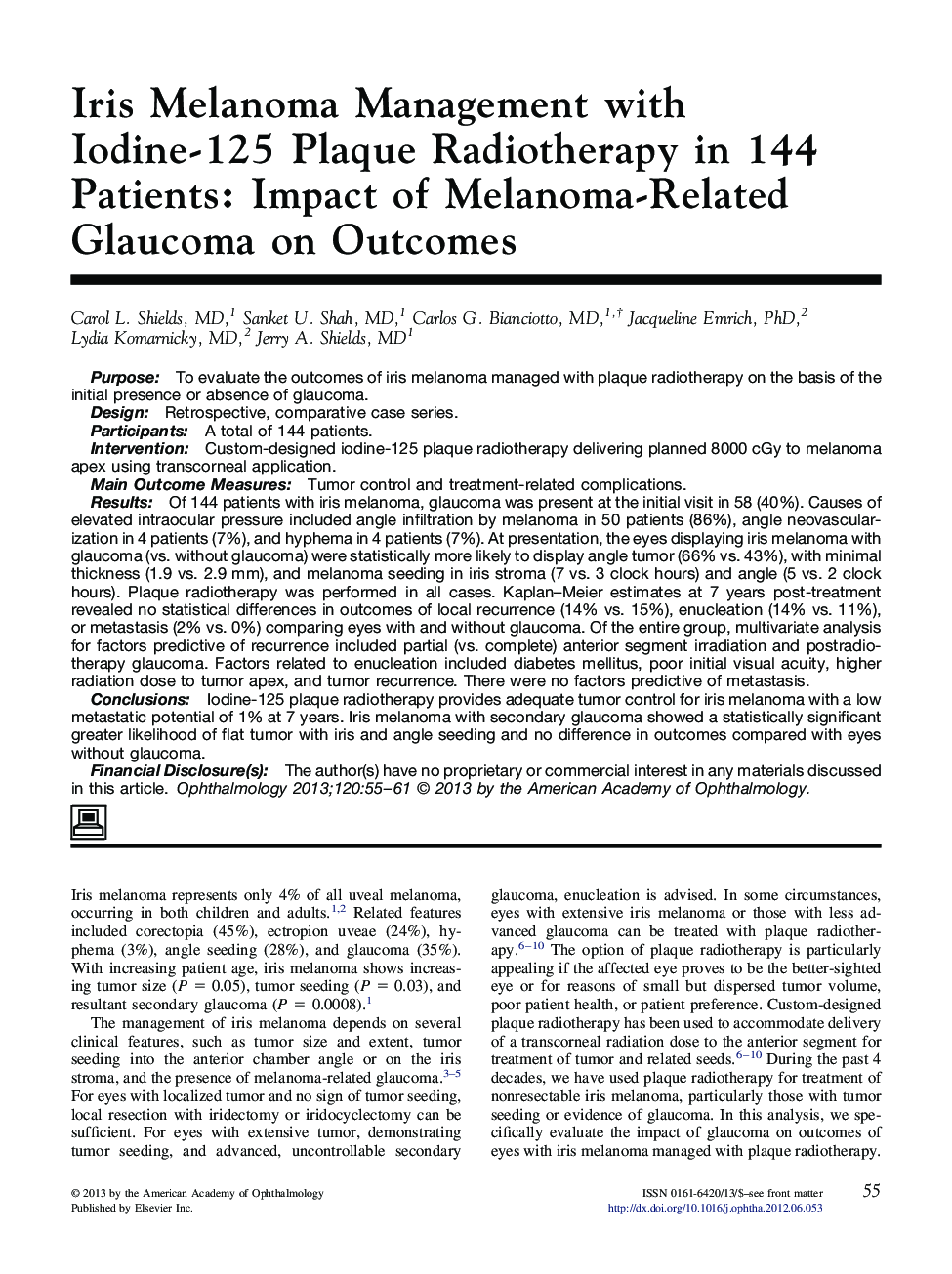 Iris Melanoma Management with Iodine-125 Plaque Radiotherapy in 144 Patients: Impact of Melanoma-Related Glaucoma on Outcomes 