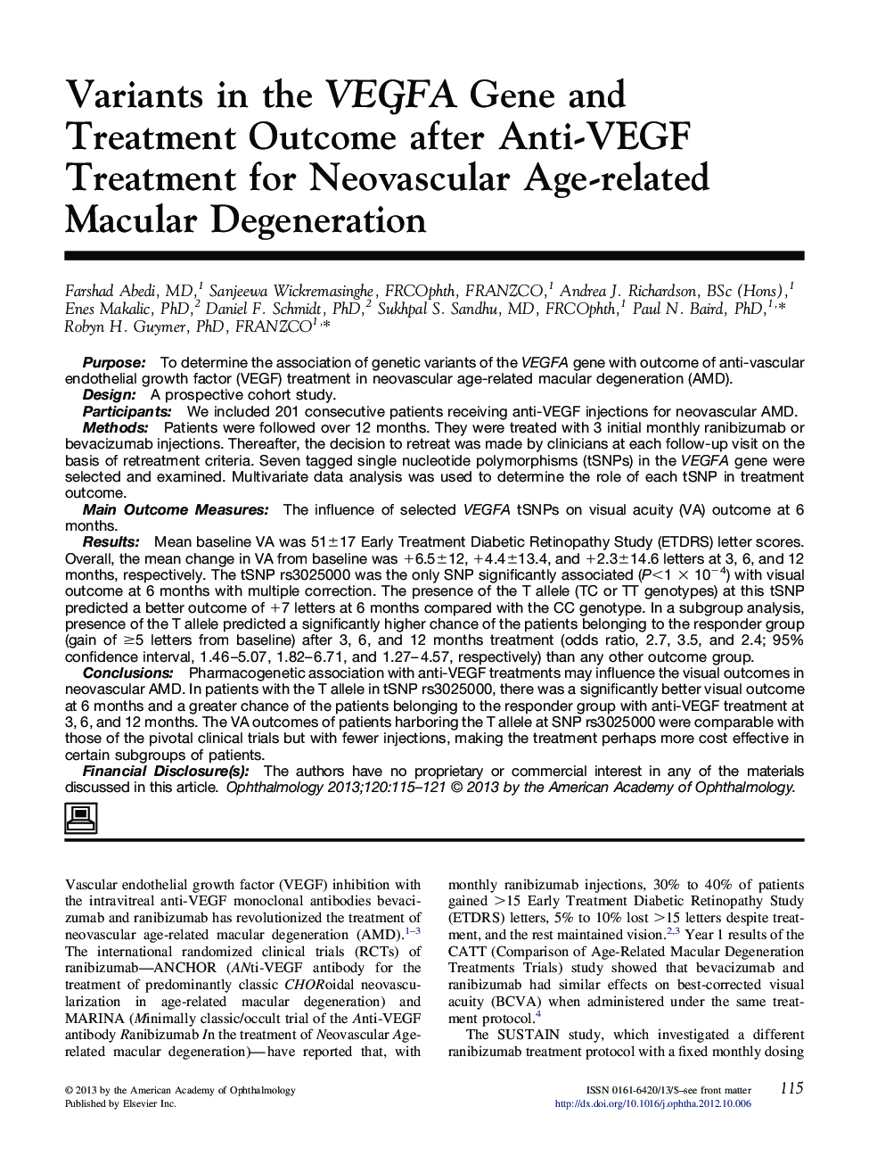 Variants in the VEGFA Gene and Treatment Outcome after Anti-VEGF Treatment for Neovascular Age-related Macular Degeneration