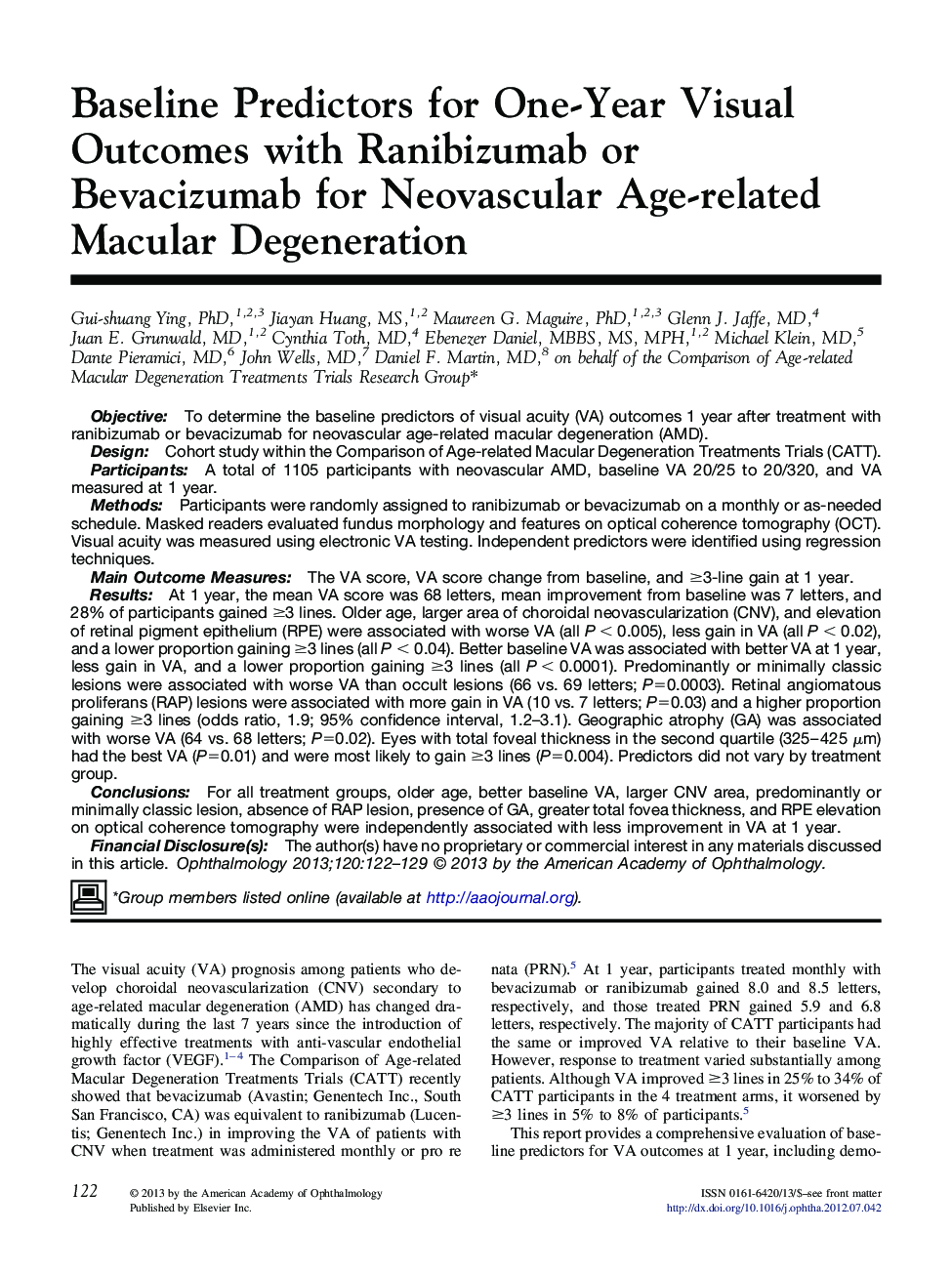 Baseline Predictors for One-Year Visual Outcomes with Ranibizumab or Bevacizumab for Neovascular Age-related Macular Degeneration 