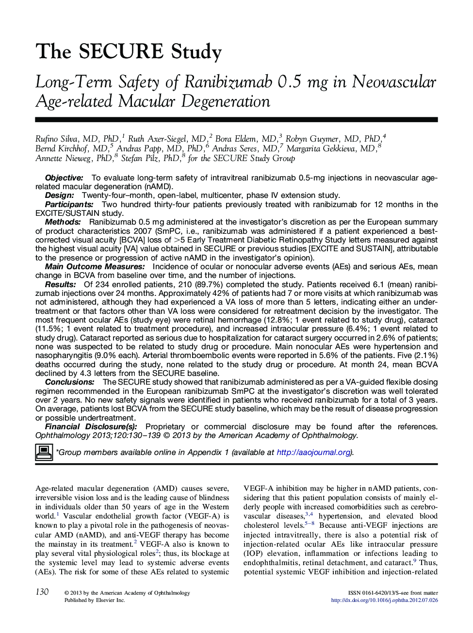 The SECURE Study : Long-Term Safety of Ranibizumab 0.5 mg in Neovascular Age-related Macular Degeneration
