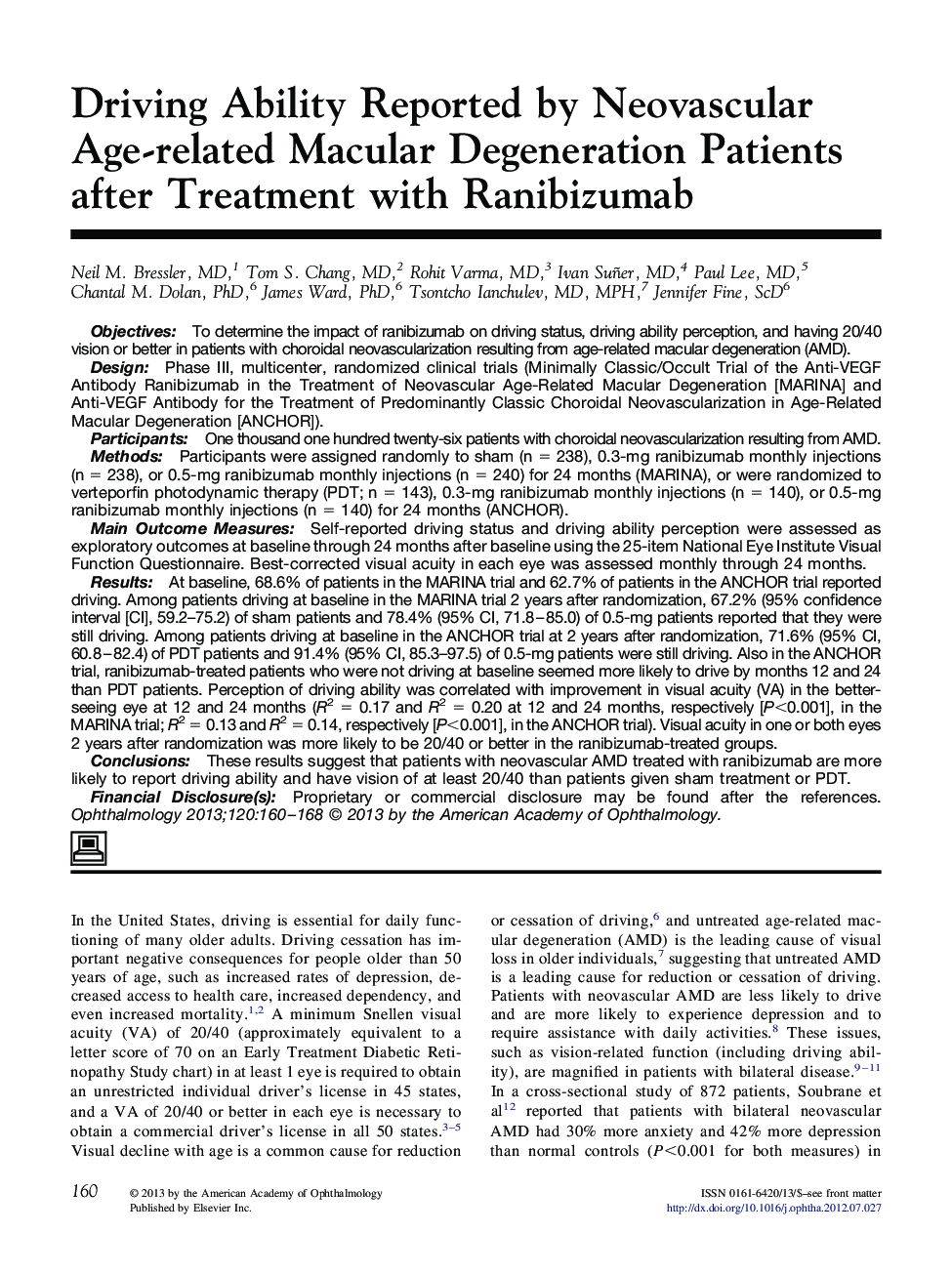 Driving Ability Reported by Neovascular Age-related Macular Degeneration Patients after Treatment with Ranibizumab