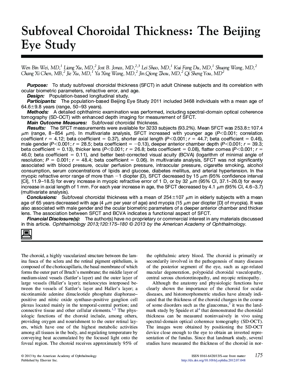 عکس صفحه اول مقاله: Subfoveal Choroidal Thickness: The Beijing Eye Study Subfoveal Choroidal Thickness: The Beijing Eye Study
