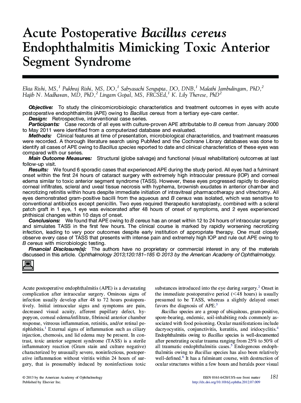 Acute Postoperative Bacillus cereus Endophthalmitis Mimicking Toxic Anterior Segment Syndrome