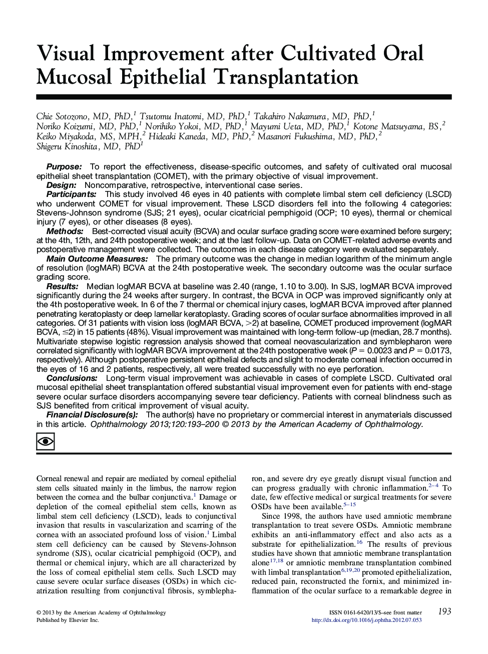 عکس صفحه اول مقاله: Visual Improvement after Cultivated Oral Mucosal Epithelial Transplantation Visual Improvement after Cultivated Oral Mucosal Epithelial Transplantation