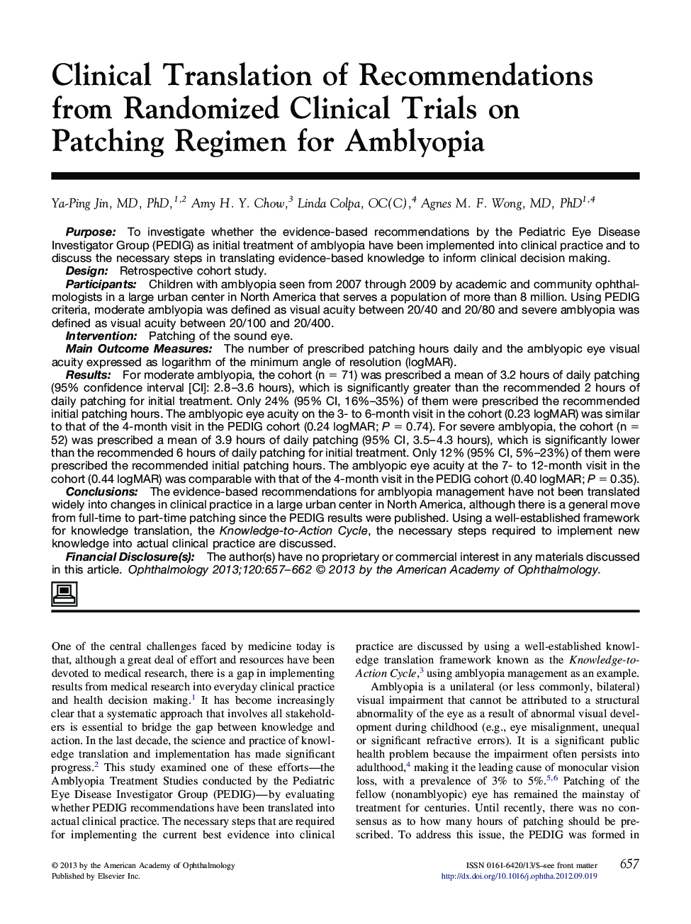 Clinical Translation of Recommendations from Randomized Clinical Trials on Patching Regimen for Amblyopia