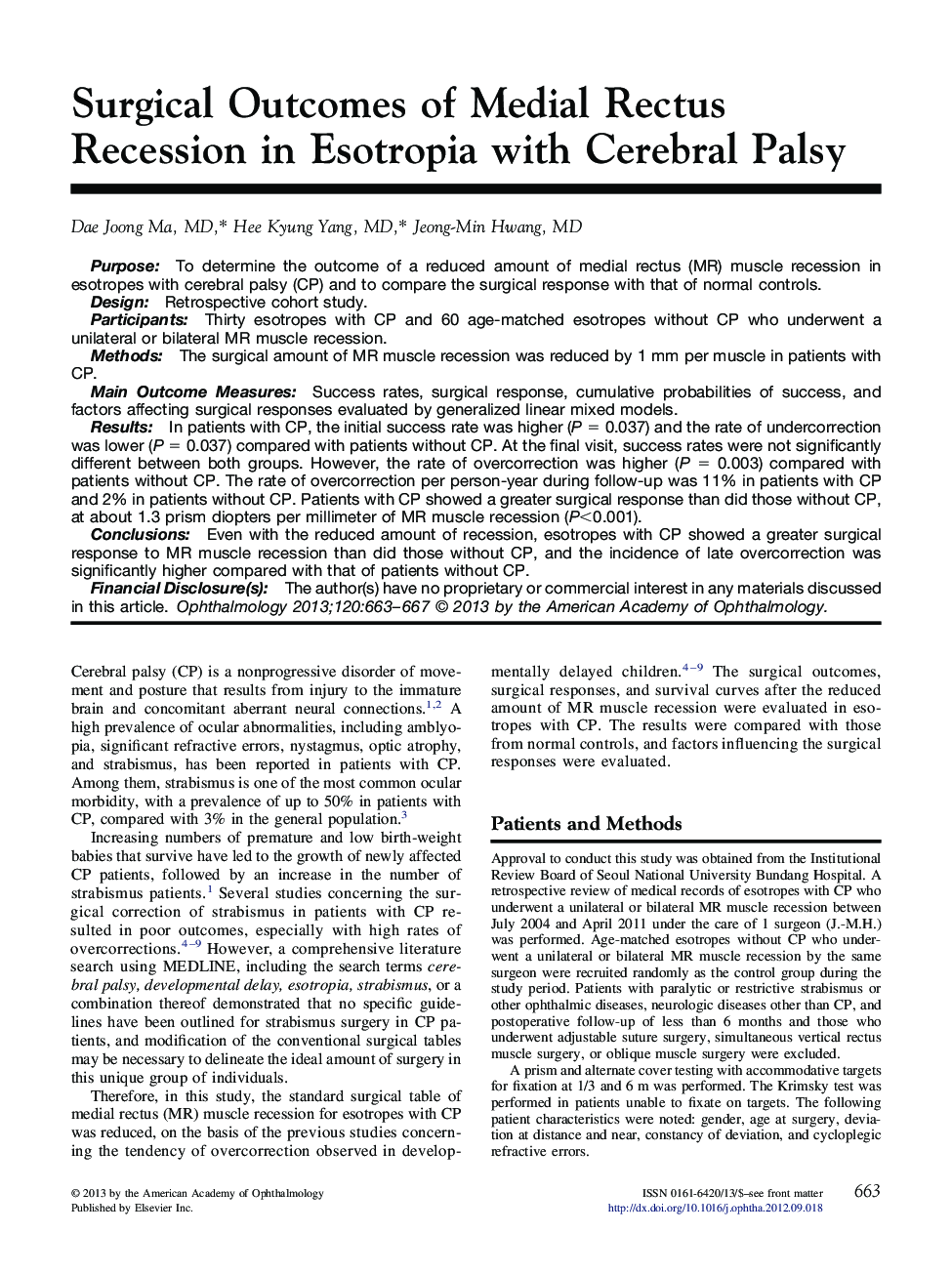 عکس صفحه اول مقاله: Surgical Outcomes of Medial Rectus Recession in Esotropia with Cerebral Palsy Surgical Outcomes of Medial Rectus Recession in Esotropia with Cerebral Palsy