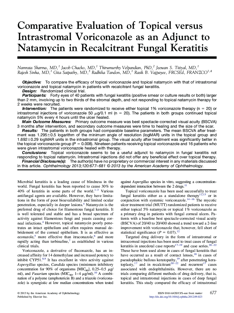 Comparative Evaluation of Topical versus Intrastromal Voriconazole as an Adjunct to Natamycin in Recalcitrant Fungal Keratitis