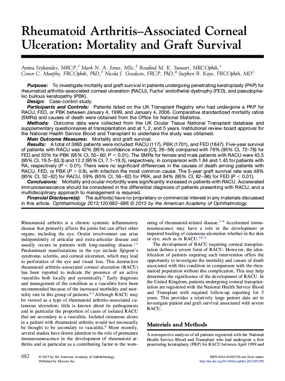 عکس صفحه اول مقاله: Rheumatoid Arthritis–Associated Corneal Ulceration: Mortality and Graft Survival Rheumatoid Arthritis–Associated Corneal Ulceration: Mortality and Graft Survival