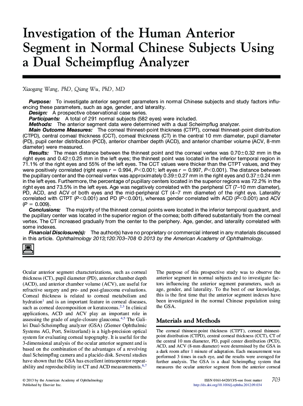 Investigation of the Human Anterior Segment in Normal Chinese Subjects Using a Dual Scheimpflug Analyzer