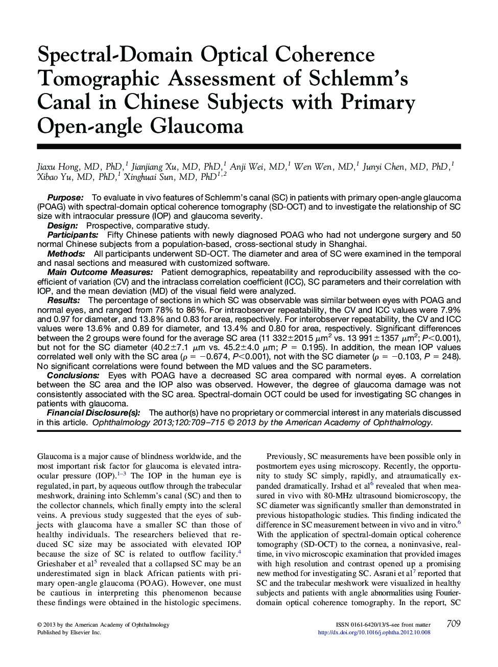 عکس صفحه اول مقاله: Spectral-Domain Optical Coherence Tomographic Assessment of Schlemm's Canal in Chinese Subjects with Primary Open-angle Glaucoma Spectral-Domain Optical Coherence Tomographic Assessment of Schlemm's Canal in Chinese Subjects with Primary Open-angle Glaucoma