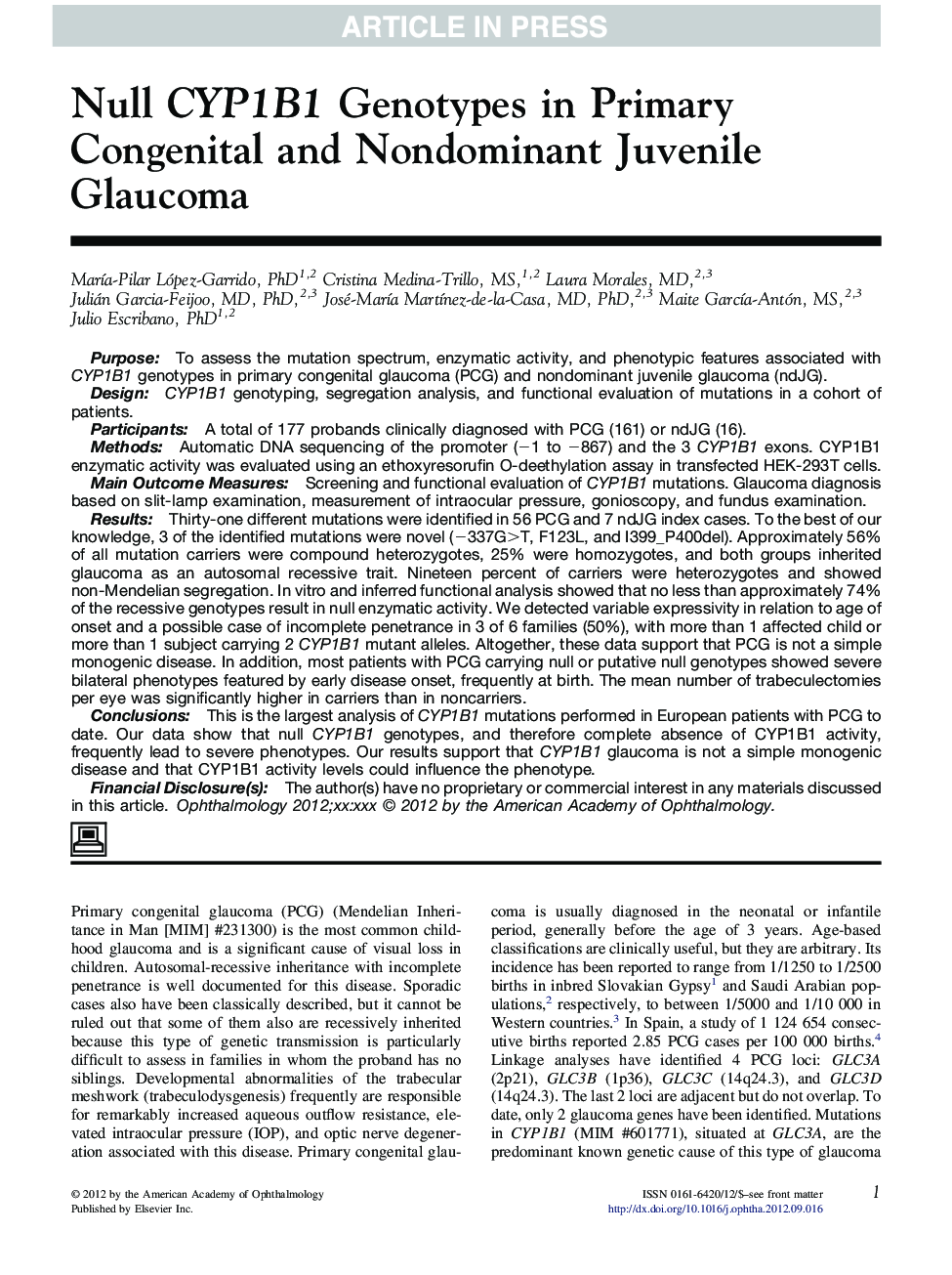 عکس صفحه اول مقاله: Null CYP1B1 Genotypes in Primary Congenital and Nondominant Juvenile Glaucoma Null CYP1B1 Genotypes in Primary Congenital and Nondominant Juvenile Glaucoma