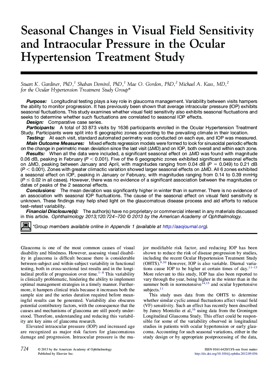 Seasonal Changes in Visual Field Sensitivity and Intraocular Pressure in the Ocular Hypertension Treatment Study 