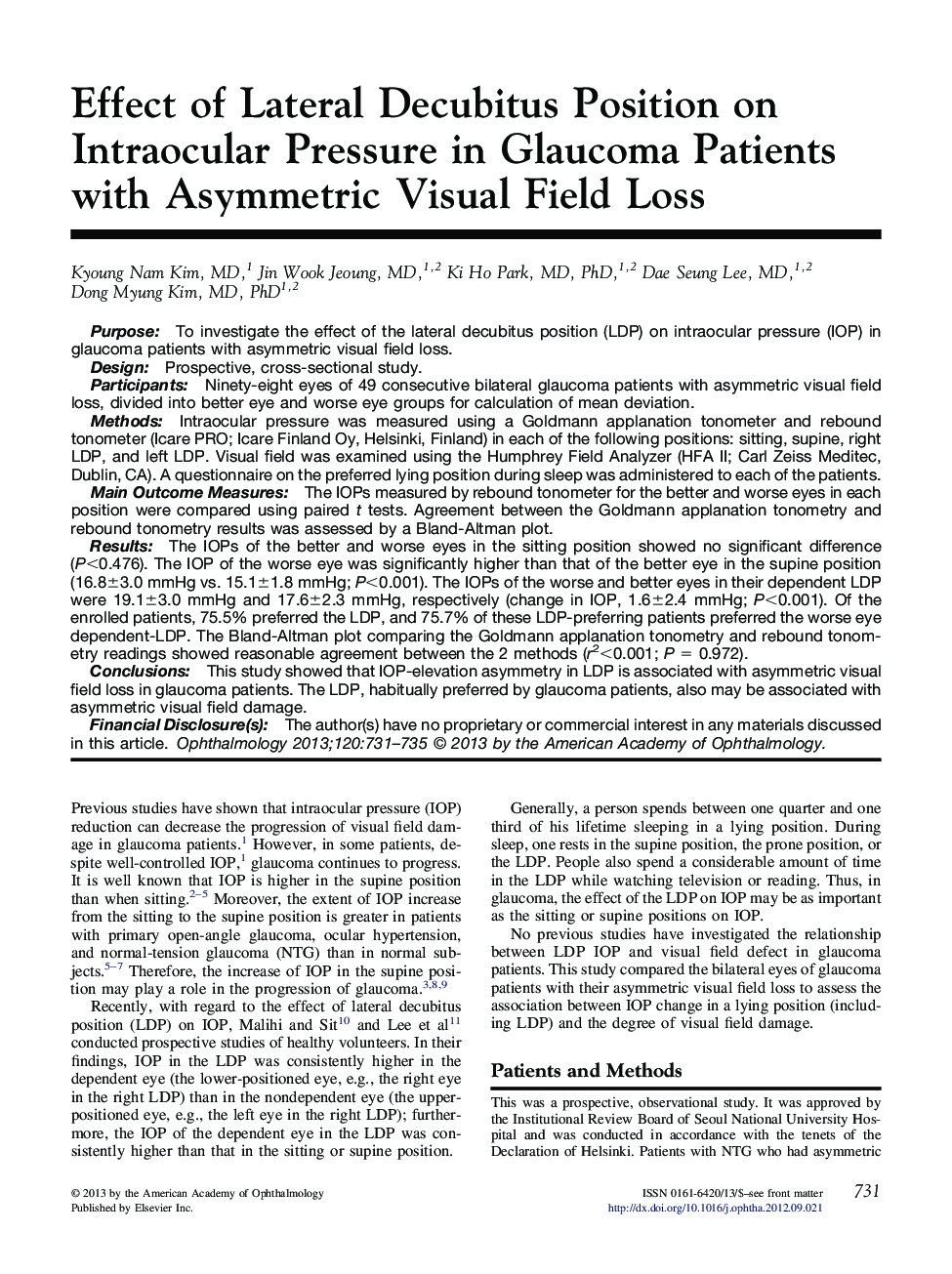 عکس صفحه اول مقاله: Effect of Lateral Decubitus Position on Intraocular Pressure in Glaucoma Patients with Asymmetric Visual Field Loss Effect of Lateral Decubitus Position on Intraocular Pressure in Glaucoma Patients with Asymmetric Visual Field Loss