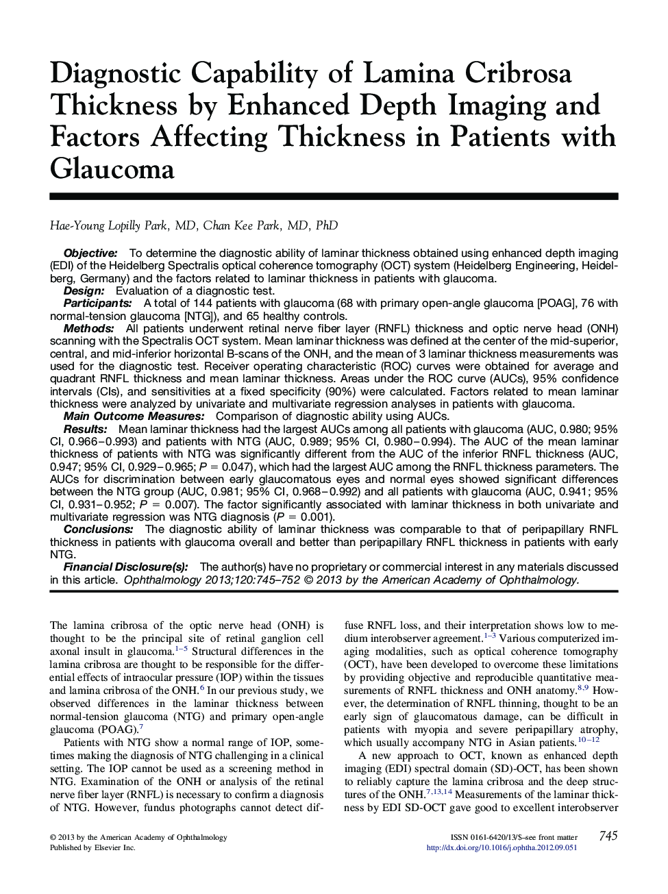 Diagnostic Capability of Lamina Cribrosa Thickness by Enhanced Depth Imaging and Factors Affecting Thickness in Patients with Glaucoma 