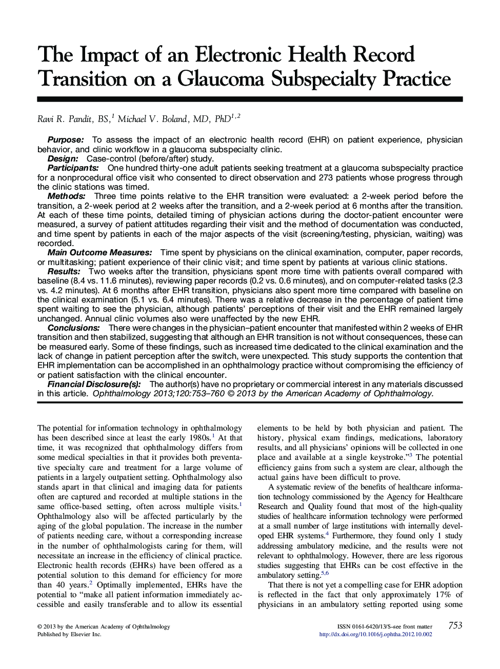 عکس صفحه اول مقاله: The Impact of an Electronic Health Record Transition on a Glaucoma Subspecialty Practice The Impact of an Electronic Health Record Transition on a Glaucoma Subspecialty Practice