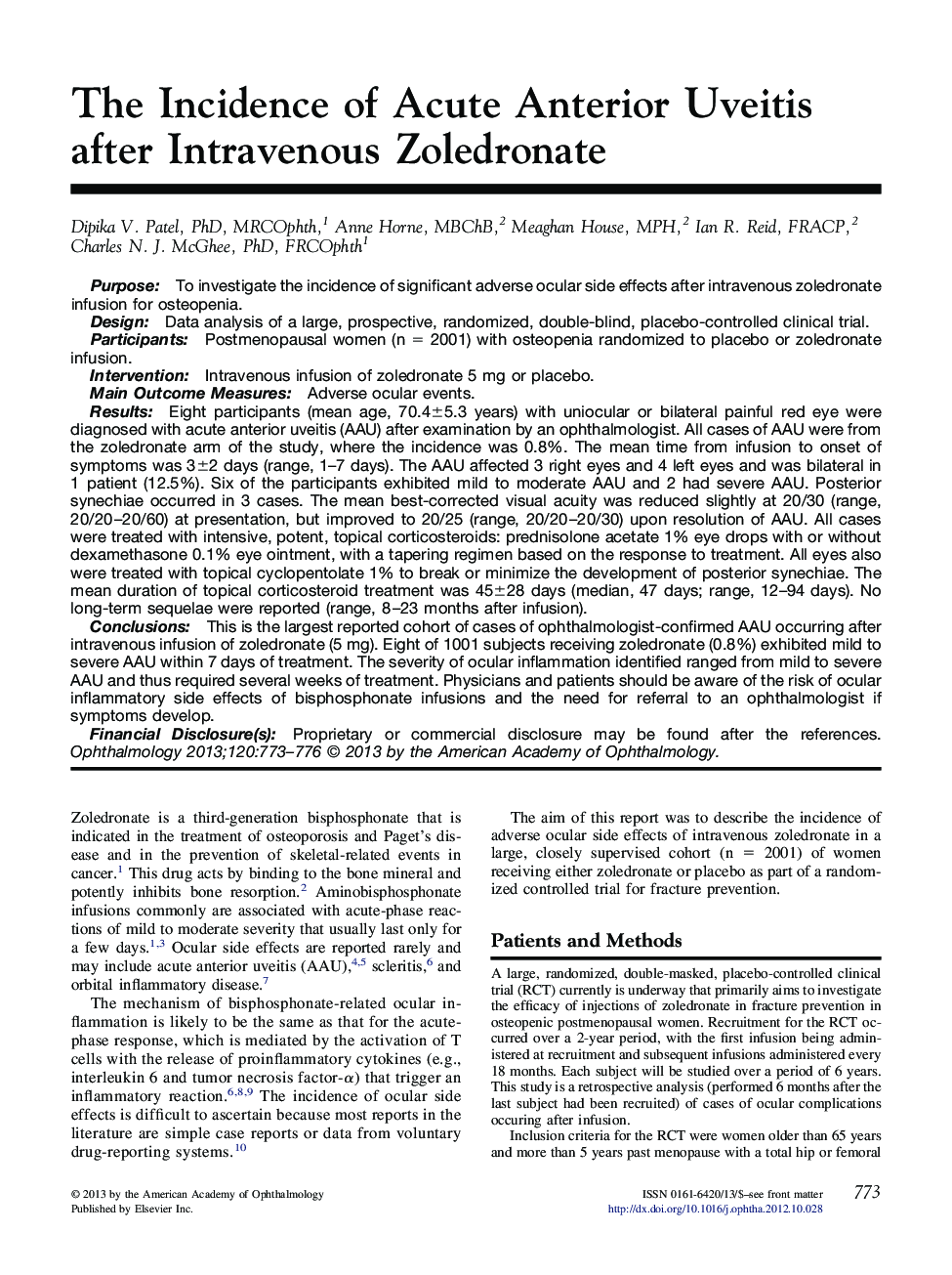عکس صفحه اول مقاله: The Incidence of Acute Anterior Uveitis after Intravenous Zoledronate The Incidence of Acute Anterior Uveitis after Intravenous Zoledronate