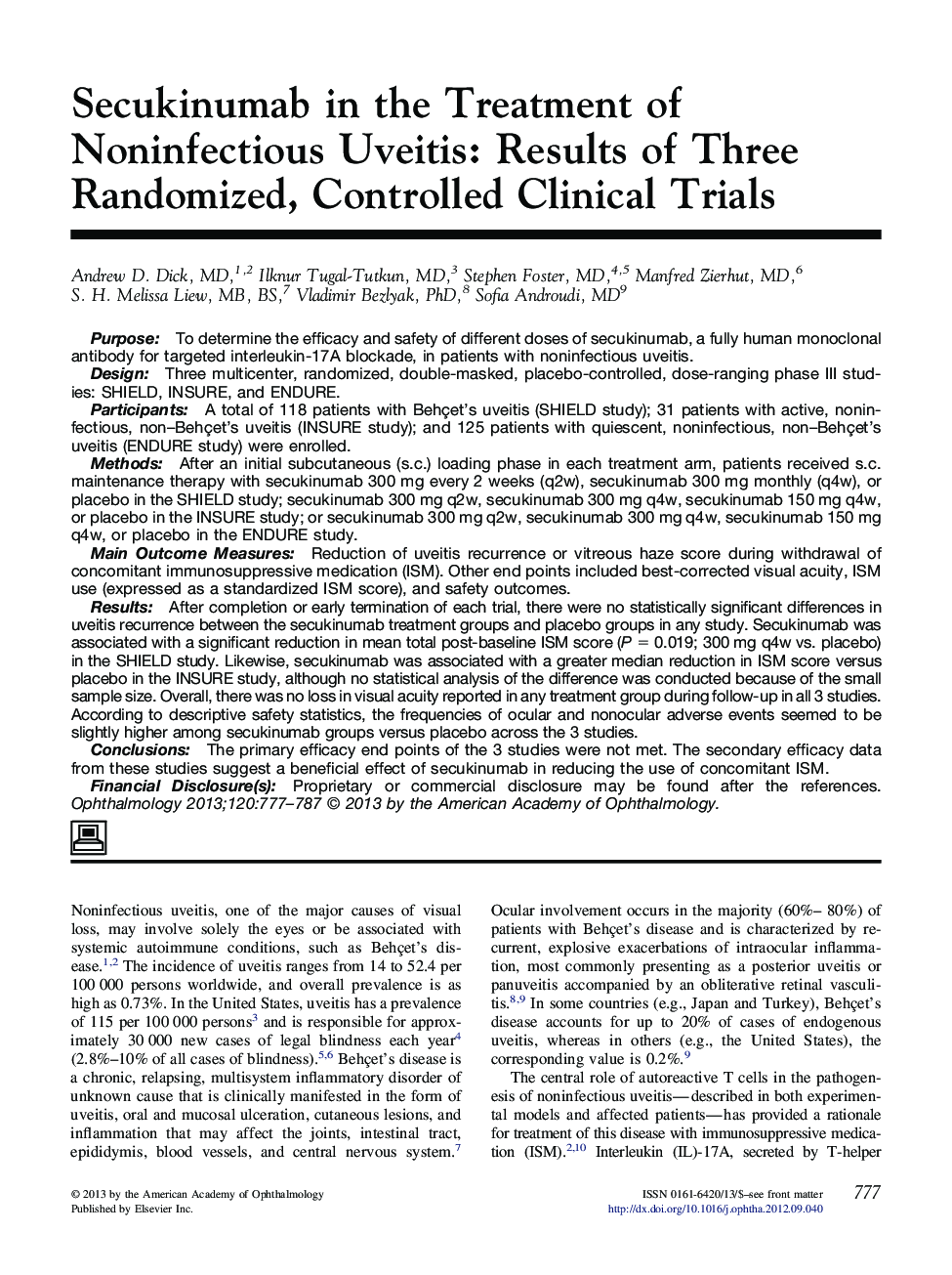 Secukinumab in the Treatment of Noninfectious Uveitis: Results of Three Randomized, Controlled Clinical Trials