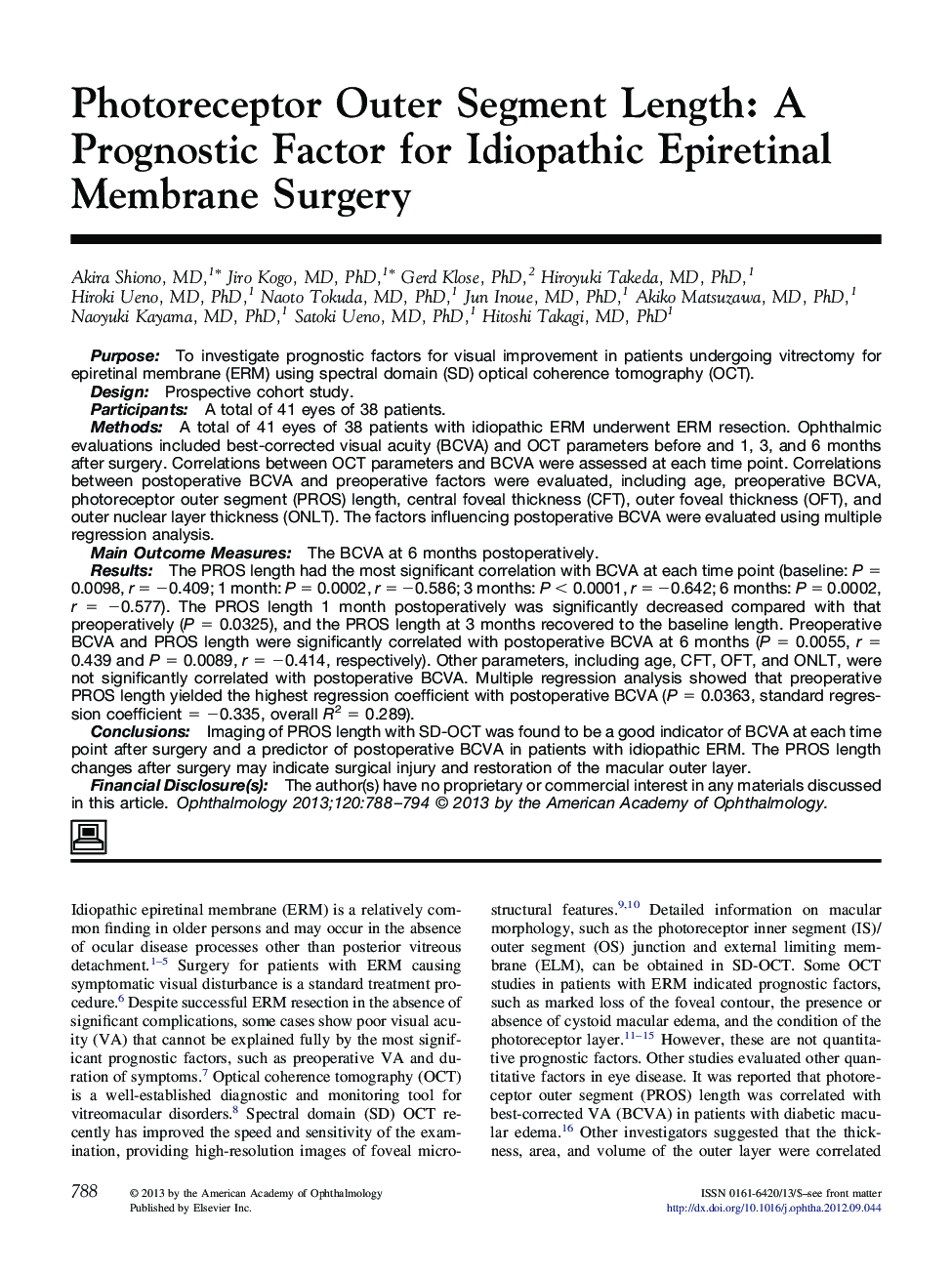 Photoreceptor Outer Segment Length: A Prognostic Factor for Idiopathic Epiretinal Membrane Surgery