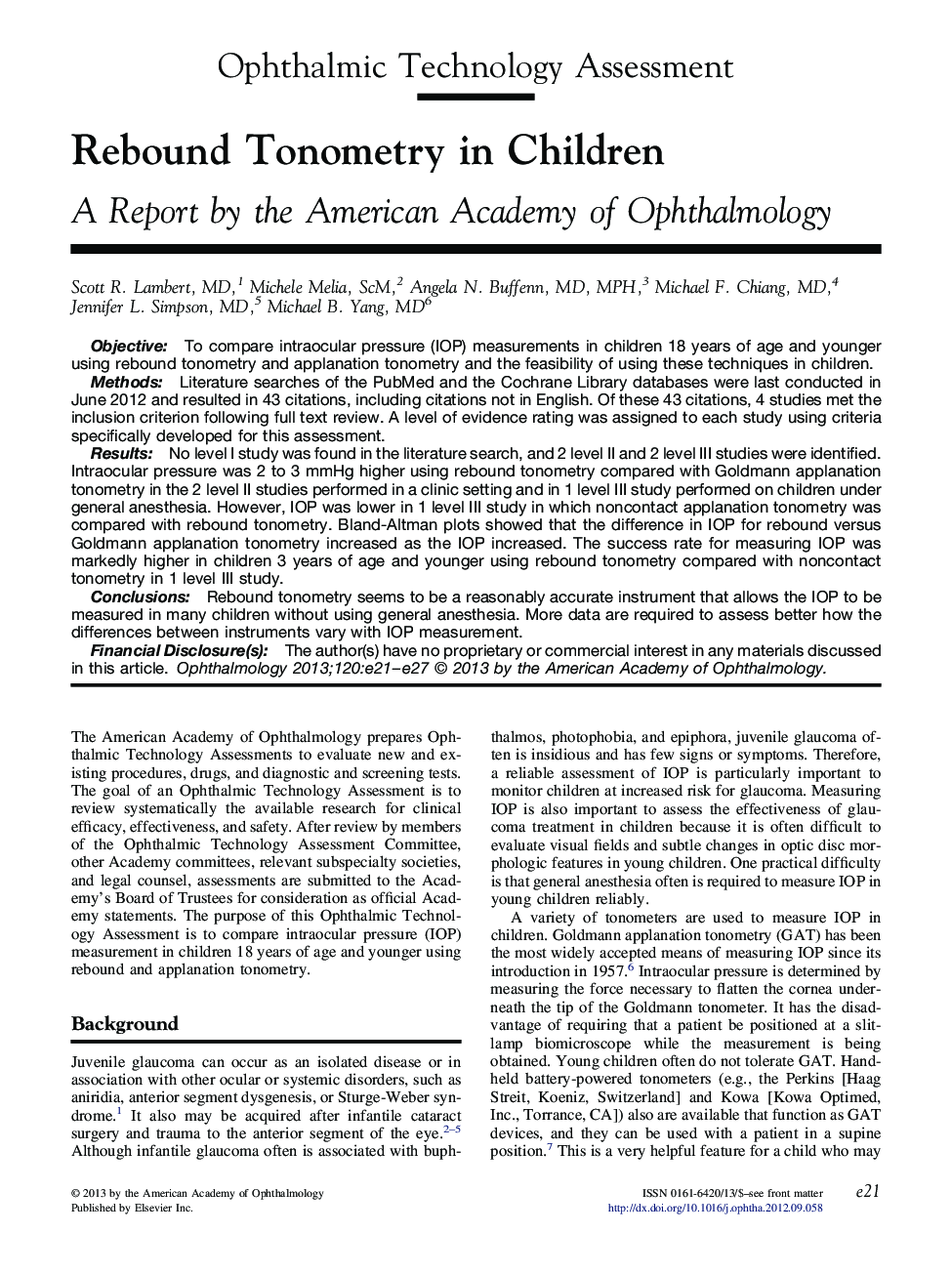 Rebound Tonometry in Children : A Report by the American Academy of Ophthalmology